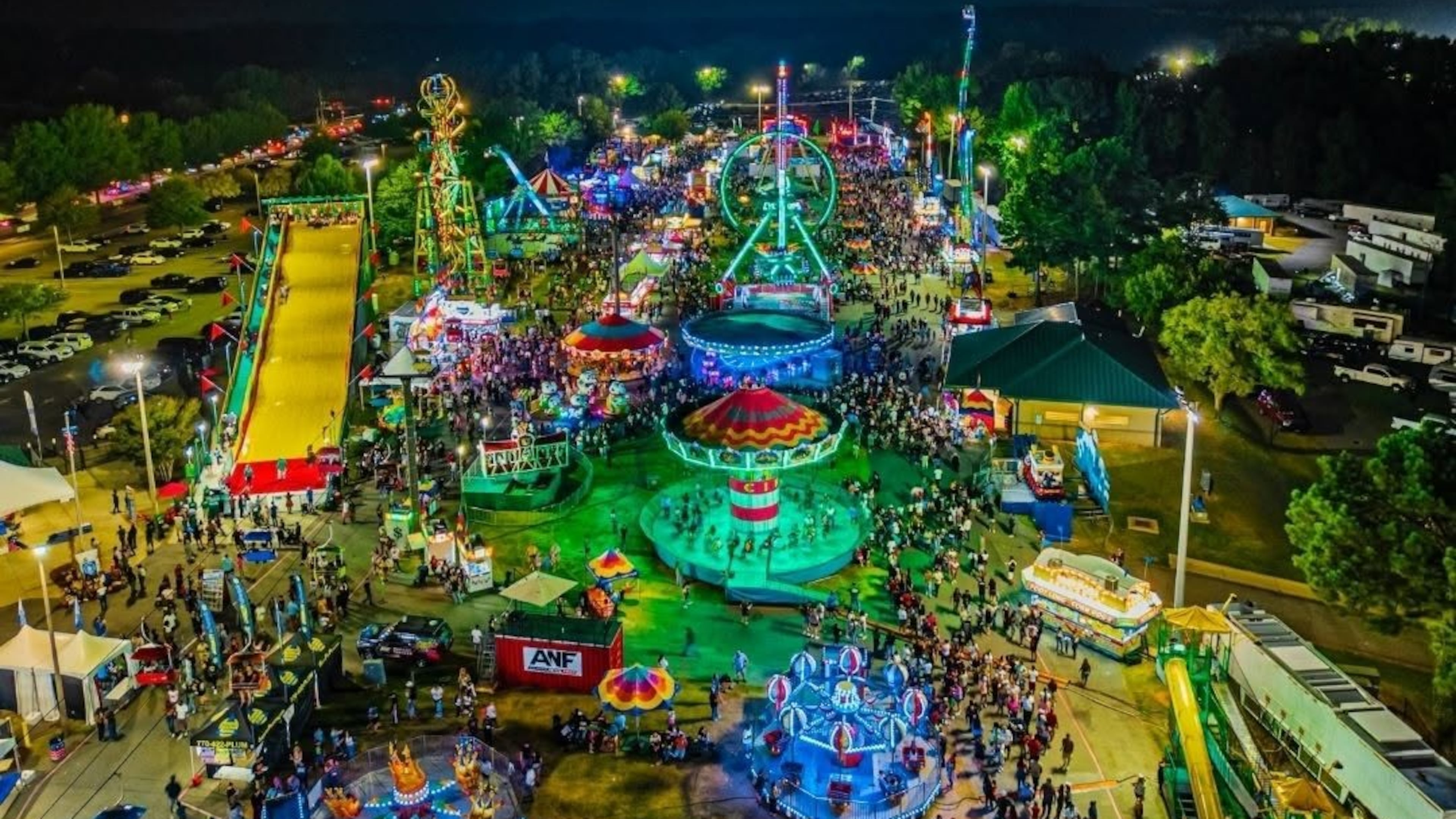 Fairs come alive at night with the glow of rides. (Courtesy of North Georgia State Fair)