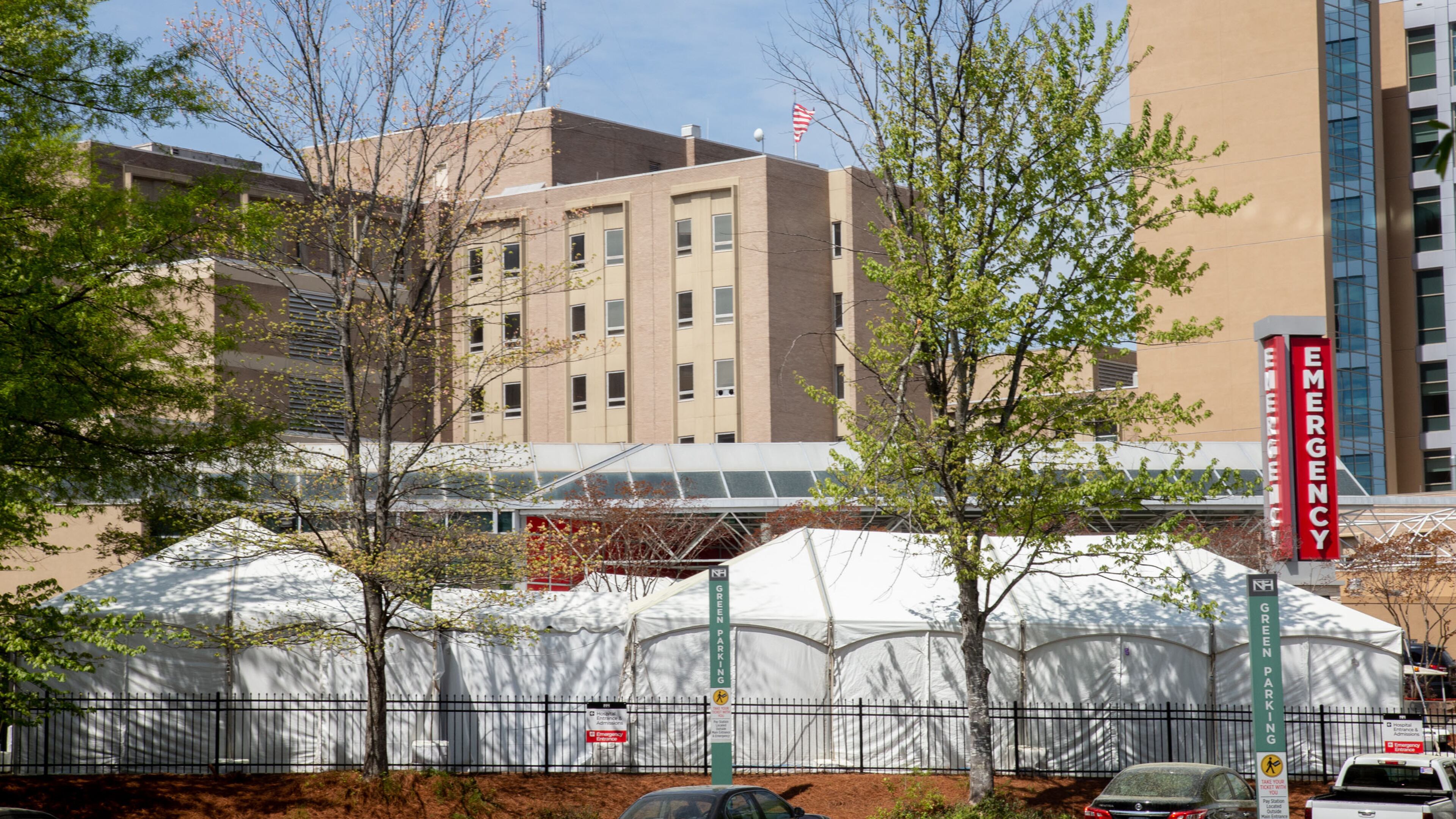 The newly constructed tents stand outside of Northside Hospitals' Emergency Department are built in anticipation of a surge of COVID-19 patients as seen here on March 30, 2020. (Photo: STEVE SCHAEFER / SPECIAL TO THE AJC)