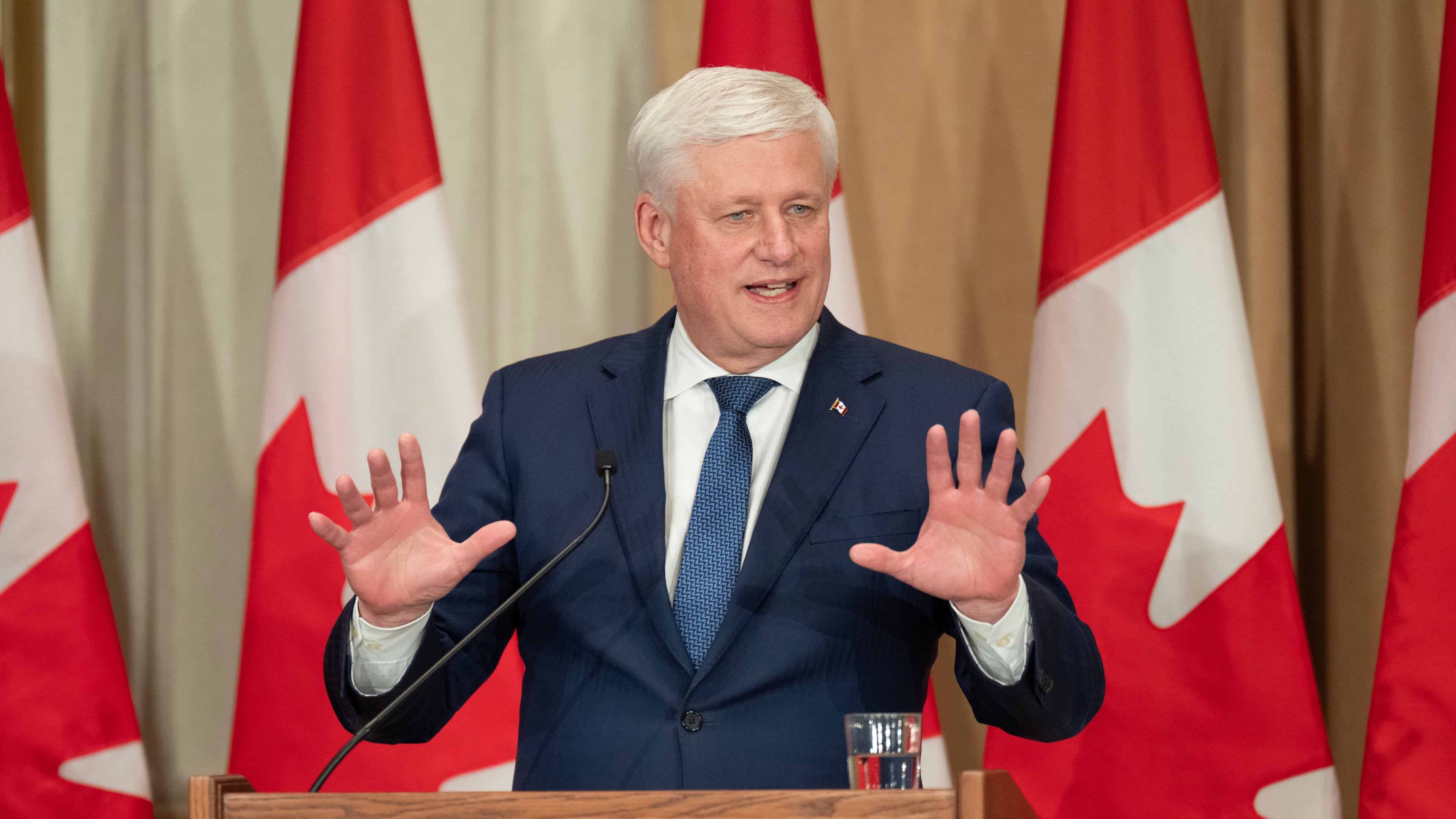 Canada's former Prime Minister Stephen Harper speaks during a ceremony for his official portrait unveiling in Ottawa, Ontario, Tuesday, Feb. 3, 2026. (Adrian Wyld/The Canadian Press via AP)