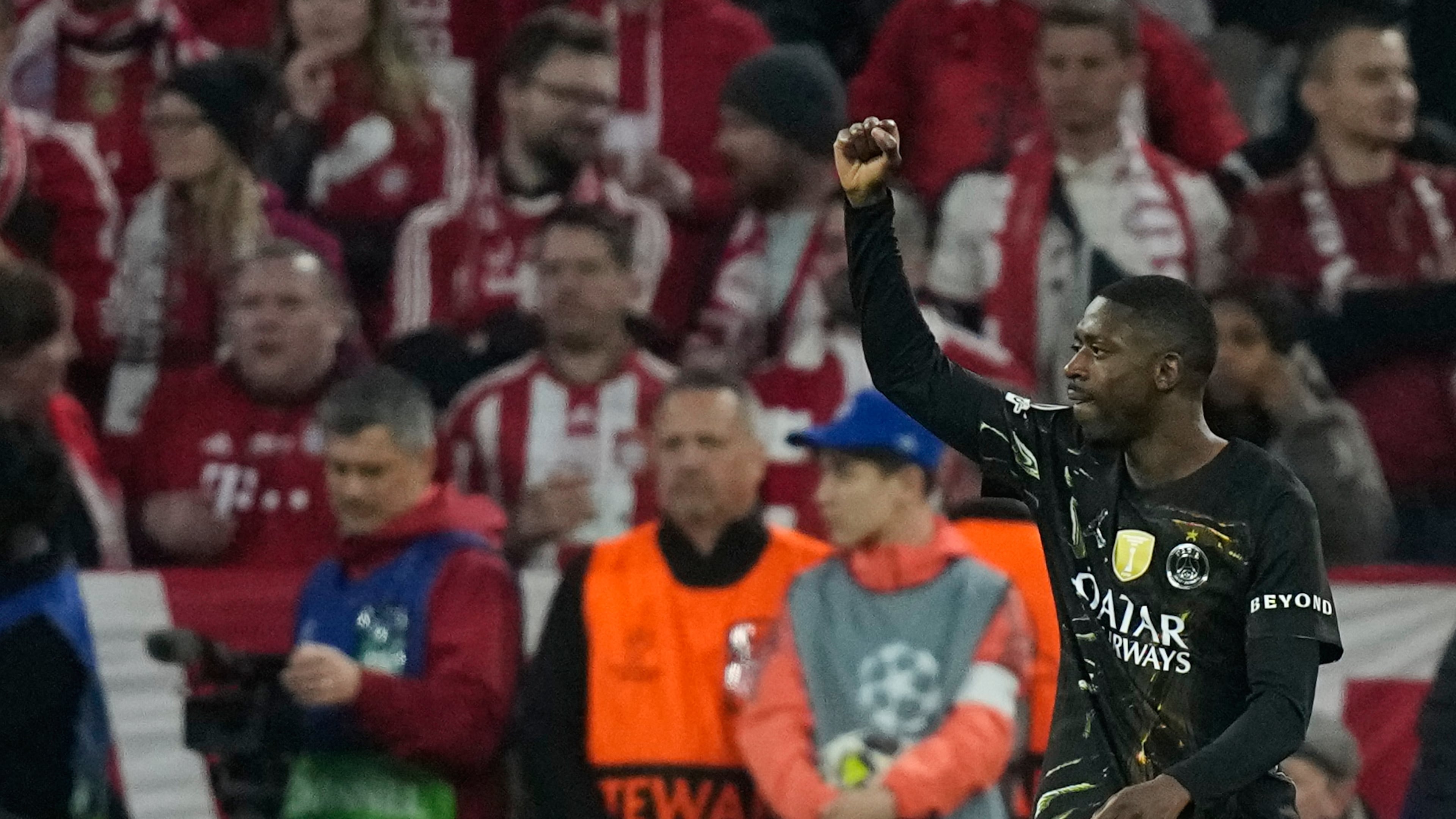 PSG's Ousmane Dembele celebrates after scoring his sides first goal during the Champions League semifinal second leg soccer match between Bayern Munich and Paris Saint Germain in Munich, Germany, Wednesday, May 6, 2026. (AP Photo/Matthias Schrader)