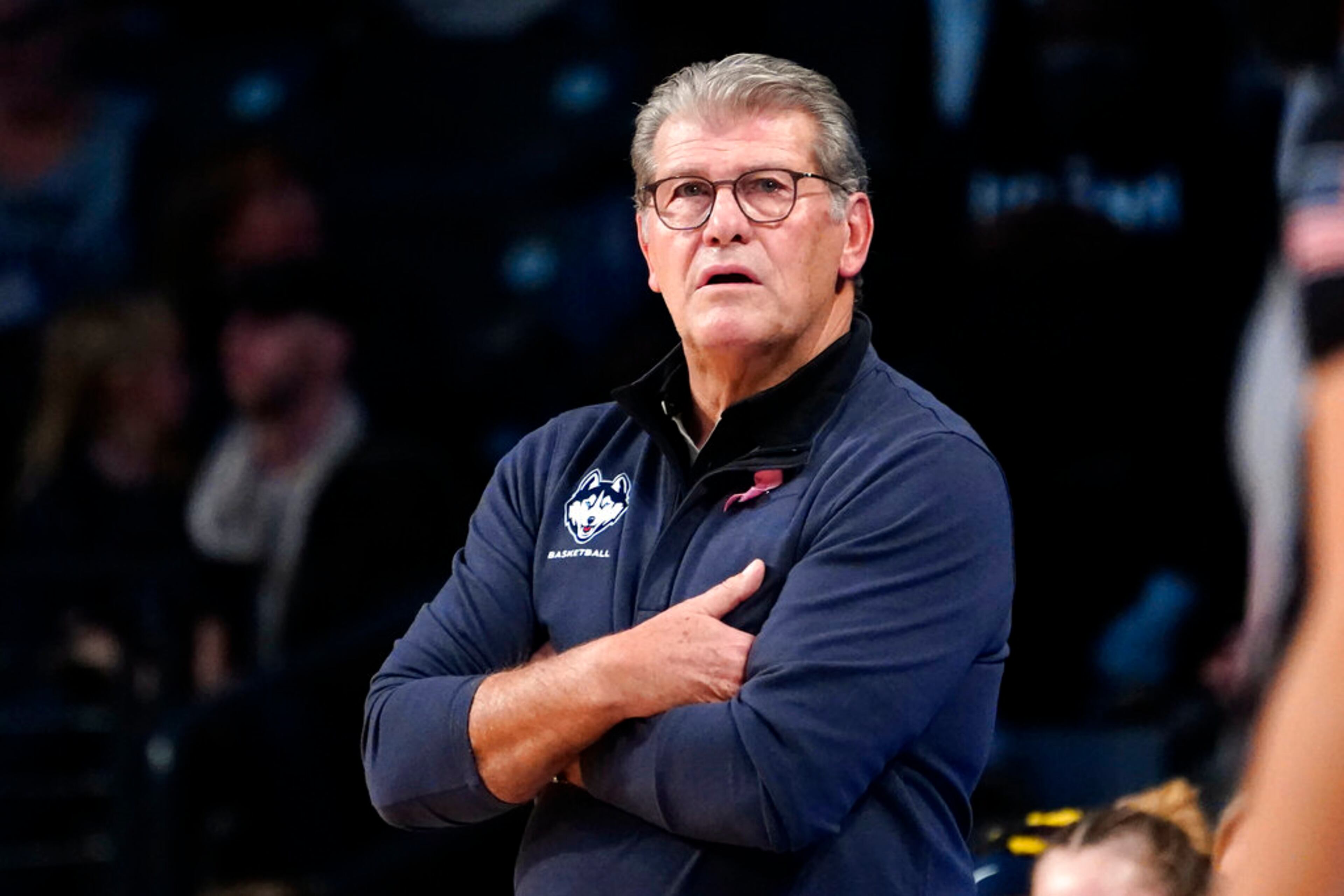 UConn head coach Geno Auriemma watches from the bench during the first half of an NCAA college basketball game against Georgia Tech Thursday, Dec. 9, 2021, in Atlanta. (AP Photo/John Bazemore)