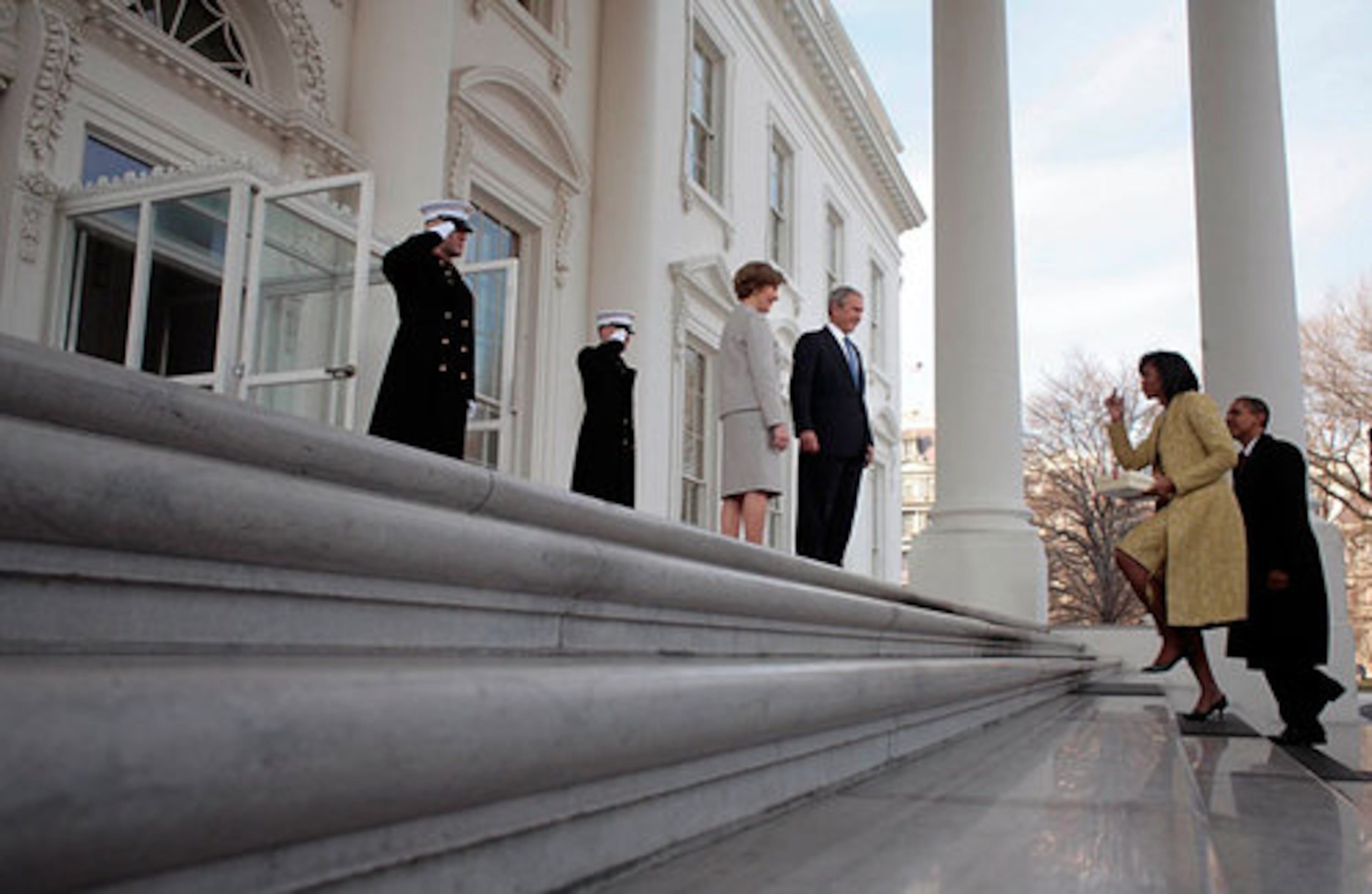 The Bushes receive the Obamas for the traditional inaugural coffee before the ceremony.