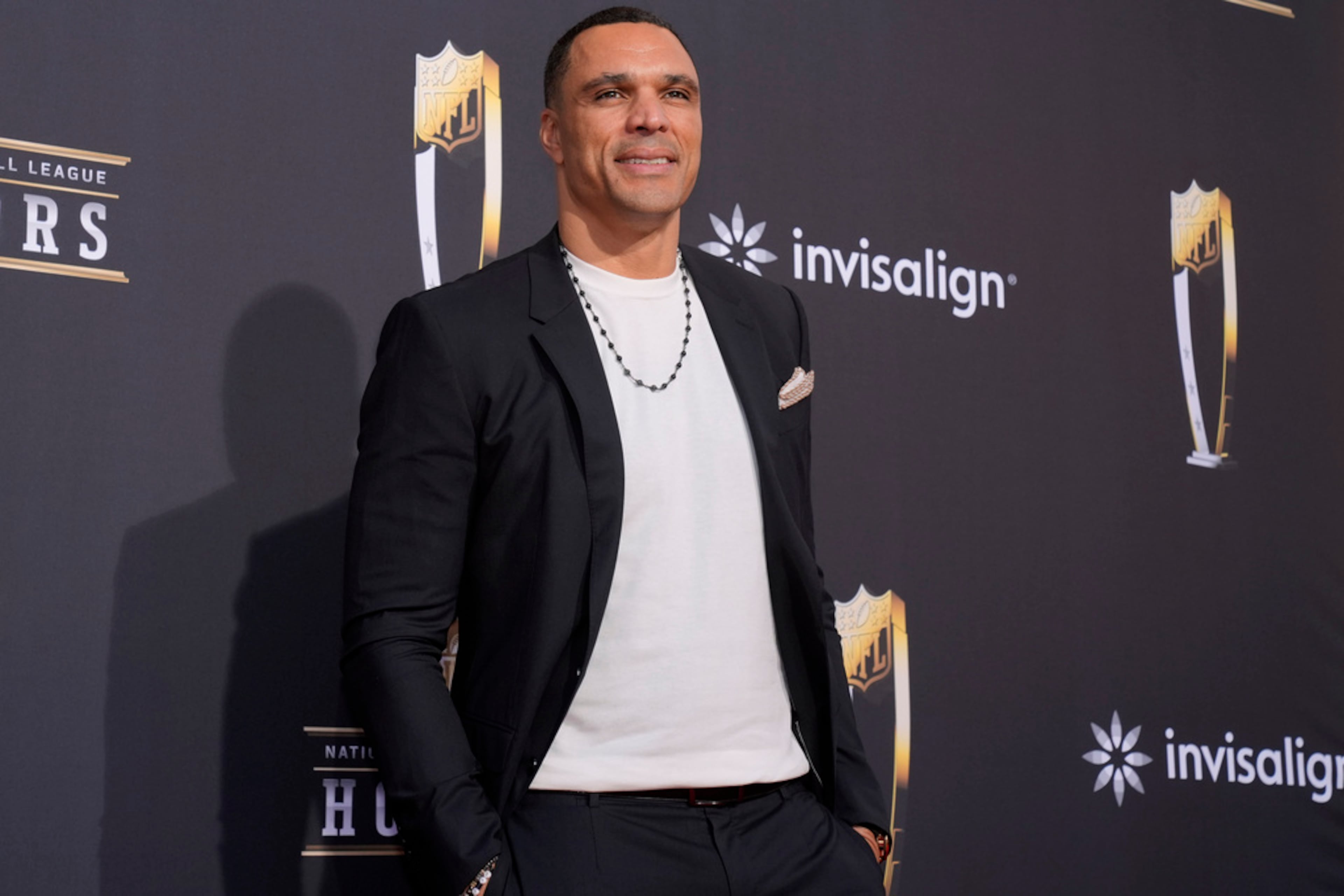 Former Falcons star Tony Gonzalez poses on the red carpet at the NFL Honors award show ahead of the Super Bowl 58 football game Thursday, Feb. 8, 2024, in Las Vegas. The San Francisco 49ers face the Kansas City Chiefs in Super Bowl 58 on Sunday. (AP Photo/Charlie Riedel)