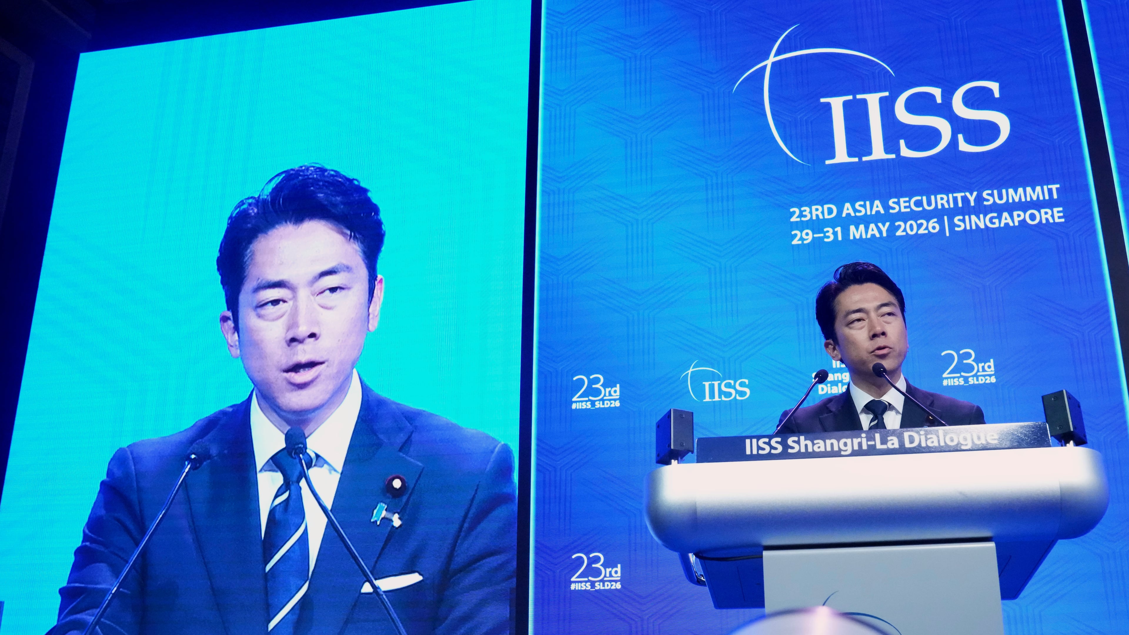 Japan's Defense Minister Shinjiro Koizumi delivers a speech during the Shangri-La Dialogue, Asia's annual defense and security forum, in Singapore, Sunday, May 31, 2026. (AP Photo/Achmad Ibrahim)