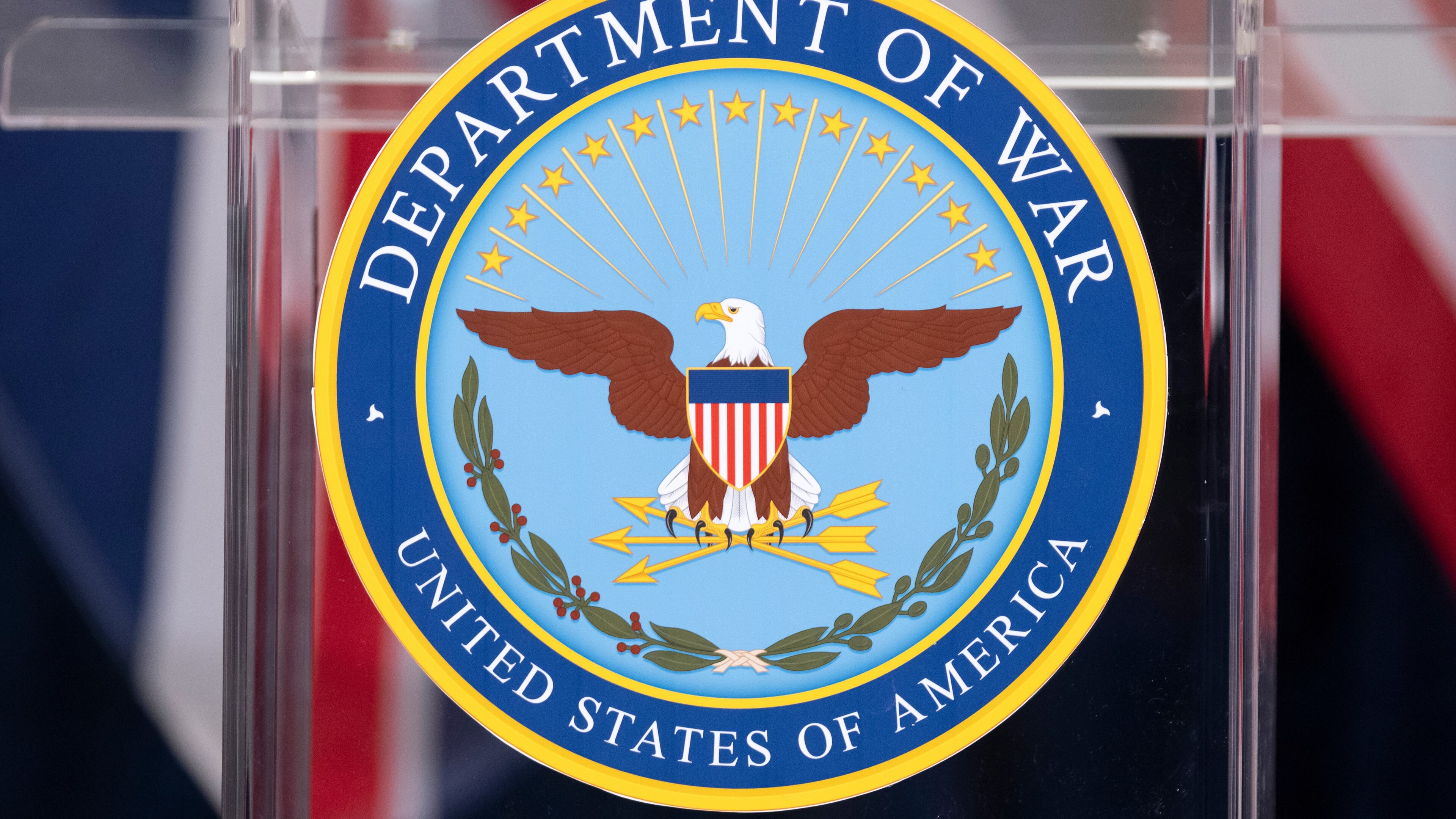 The seal is seen on a podium at the Pentagon, Wednesday, Dec. 10, 2025, in Washington, before Defense Secretary Pete Hegseth speaks. (AP Photo/Mark Schiefelbein)