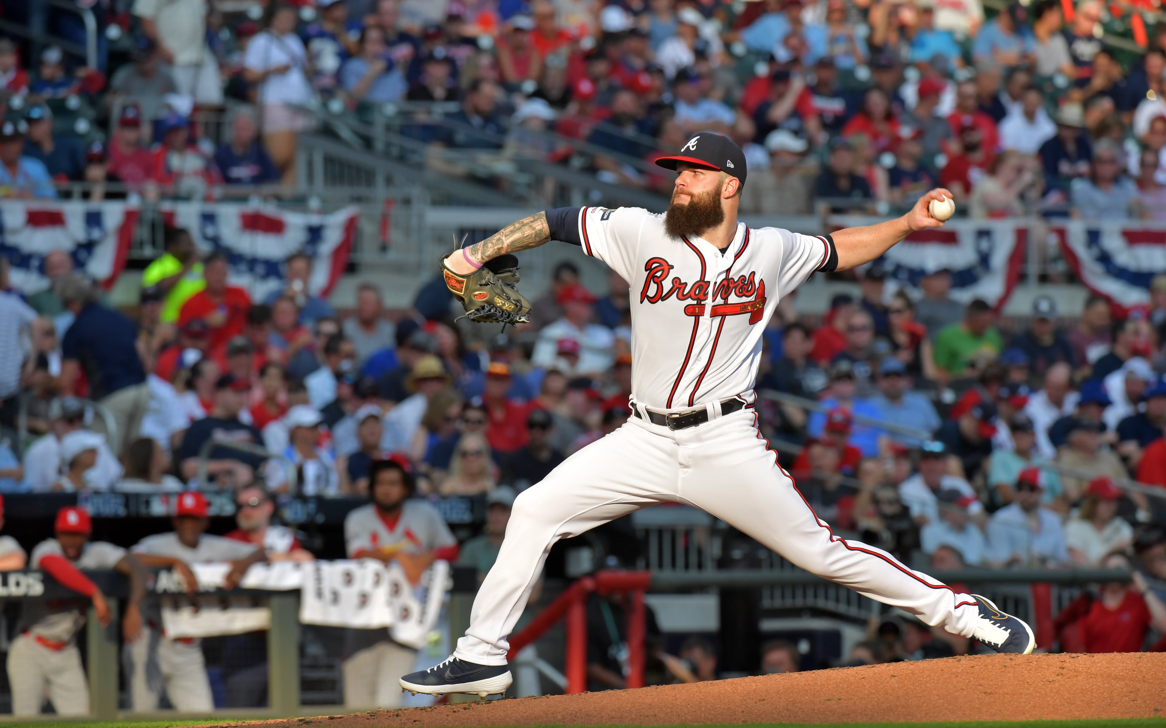 Braves starting pitcher Dallas Keuchel delivers a pitch to an St. Louis Cardinals batter in the second inning during Game 1 of the best-of-five National League Division Series at SunTrust Park on Thursday, October 3, 2019. (Hyosub Shin / Hyosub.Shin@ajc.com)