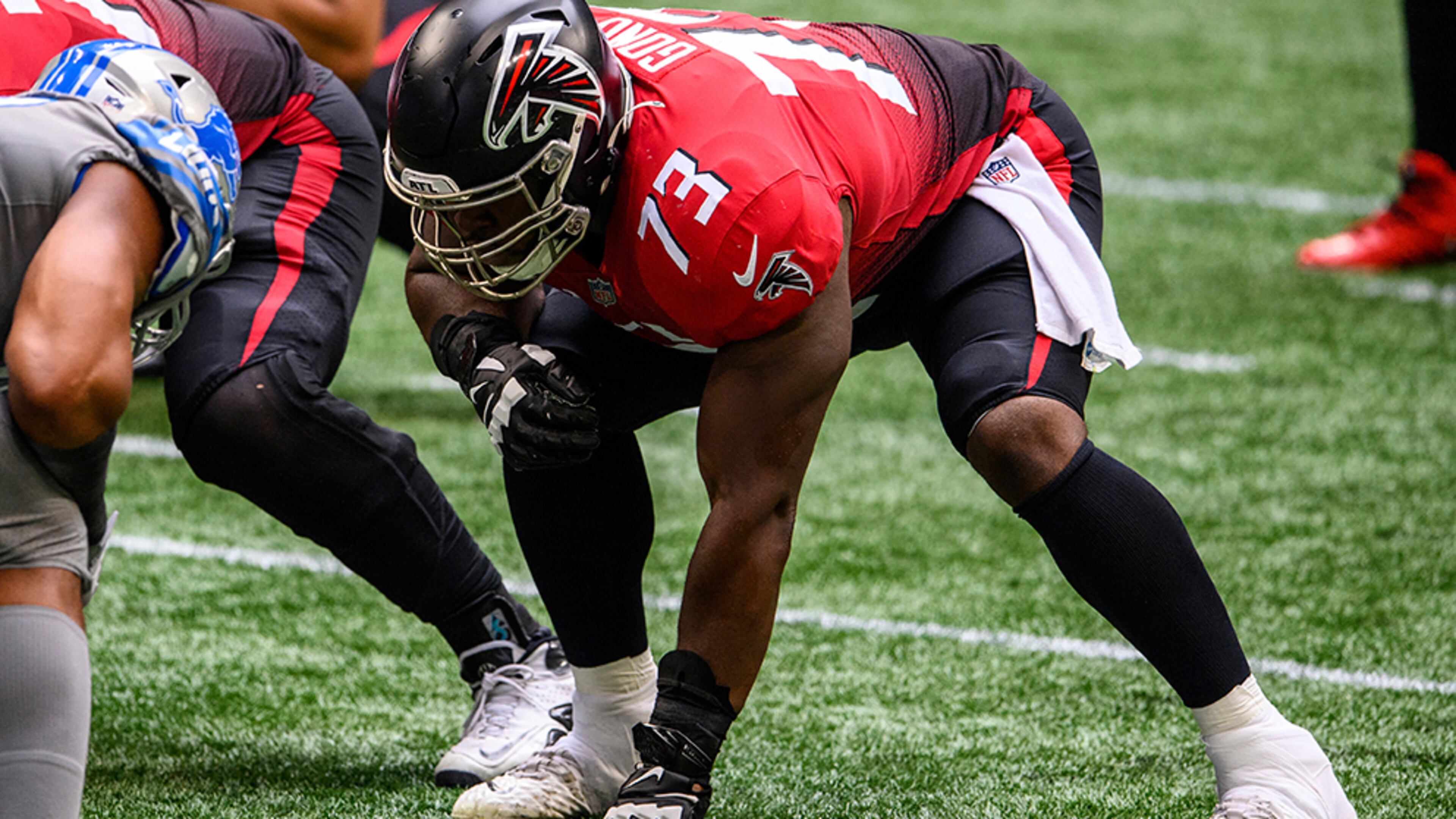 Falcons offensive tackle Matt Gono (73) lines up during the second half against the Detroit Lions, Sunday, Oct. 25, 2020, in Atlanta. The Detroit Lions won 23-22. (AP Photo/Danny Karnik)