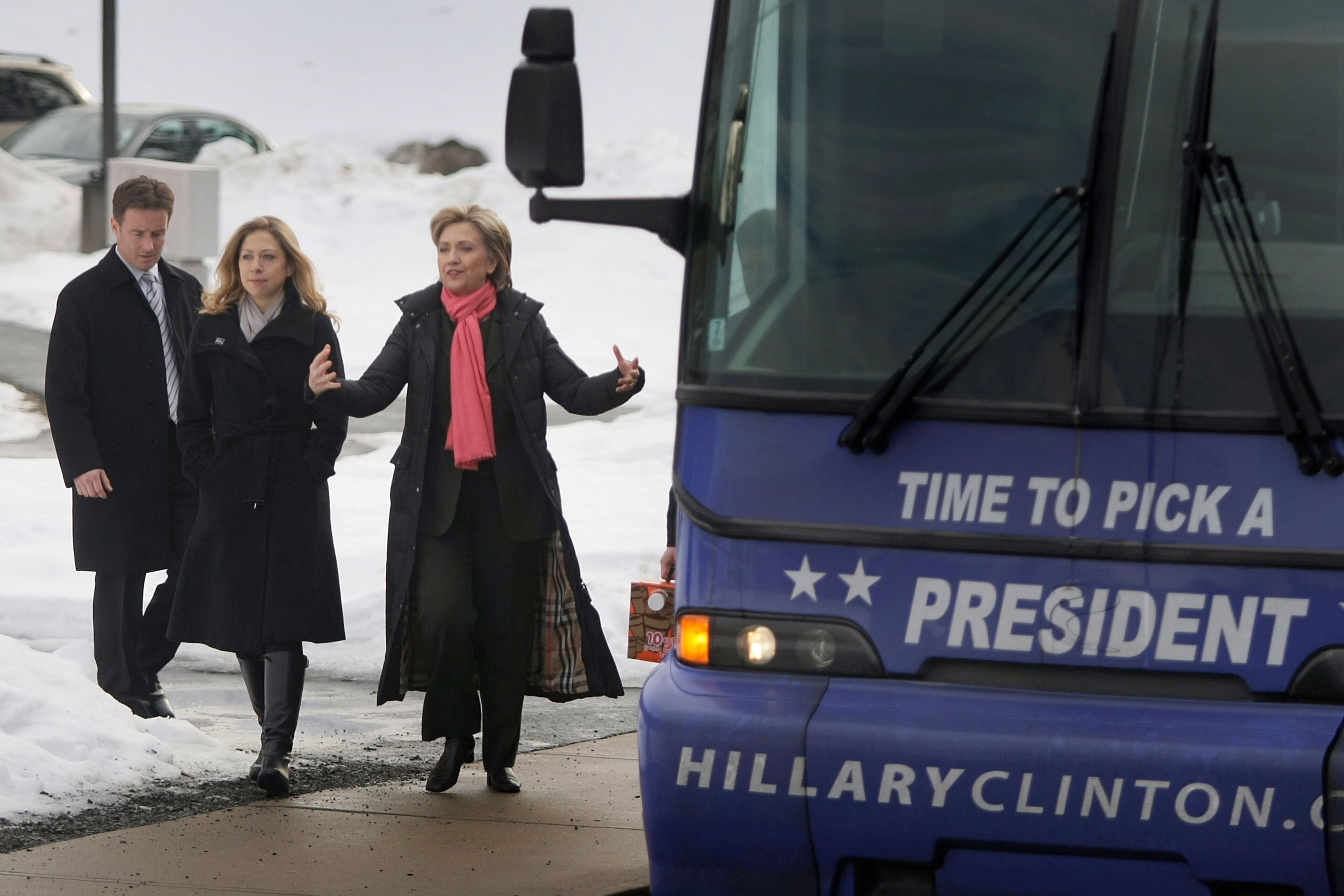 Democratic presidential candidate Sen. Hillary Clinton (D-NY) and her daughter Chelsea Clinton walk together as they visit the polling station at West Running Brook Middle School on election day January 8, 2008 in Derry, New Hampshire. Coming off a third place finish in the Iowa caucus Hillary Clinton is looking to rebound in the New Hampshire primary. (Photo by Joe Raedle/Getty Images)