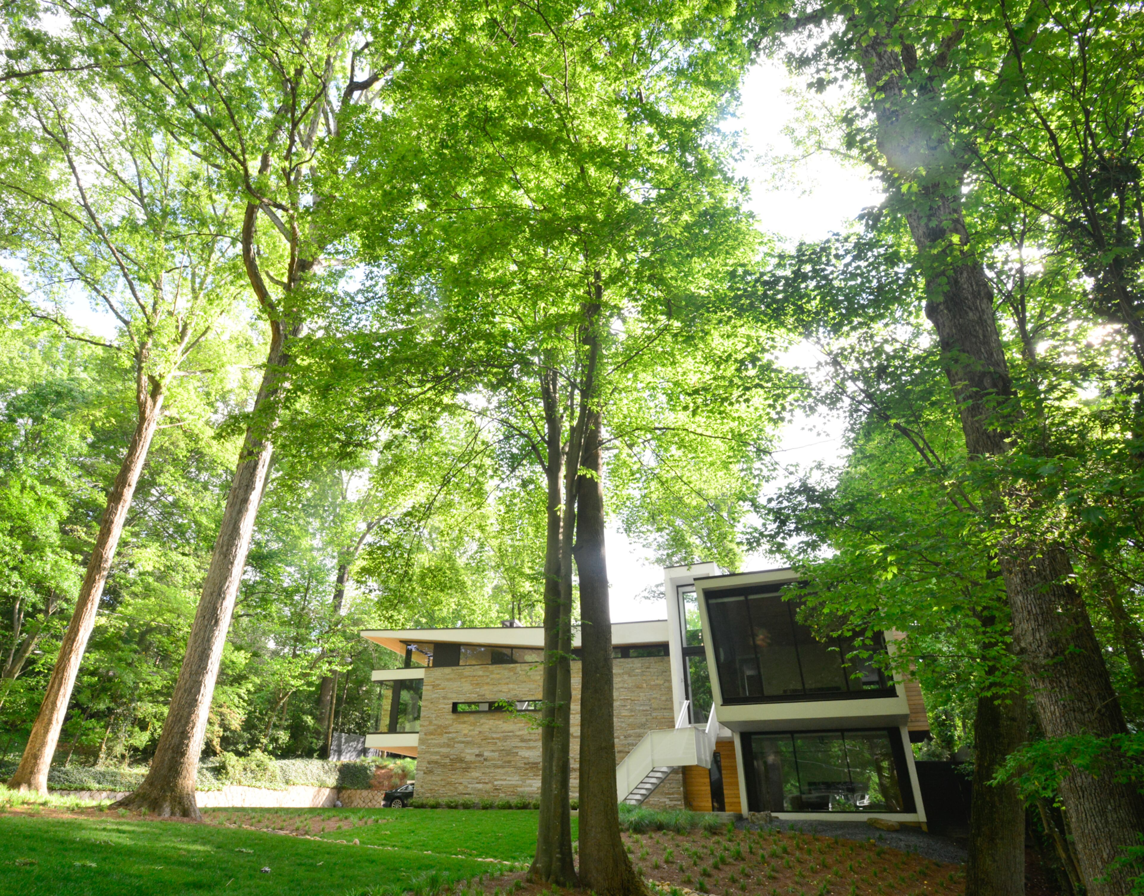 Against the architect's and builder's advice the couple retained two "mature oak trees." Although they block part of the view of the house from the street, the couple thought the trees looked beautiful from inside the house, especially through the glass entryway.