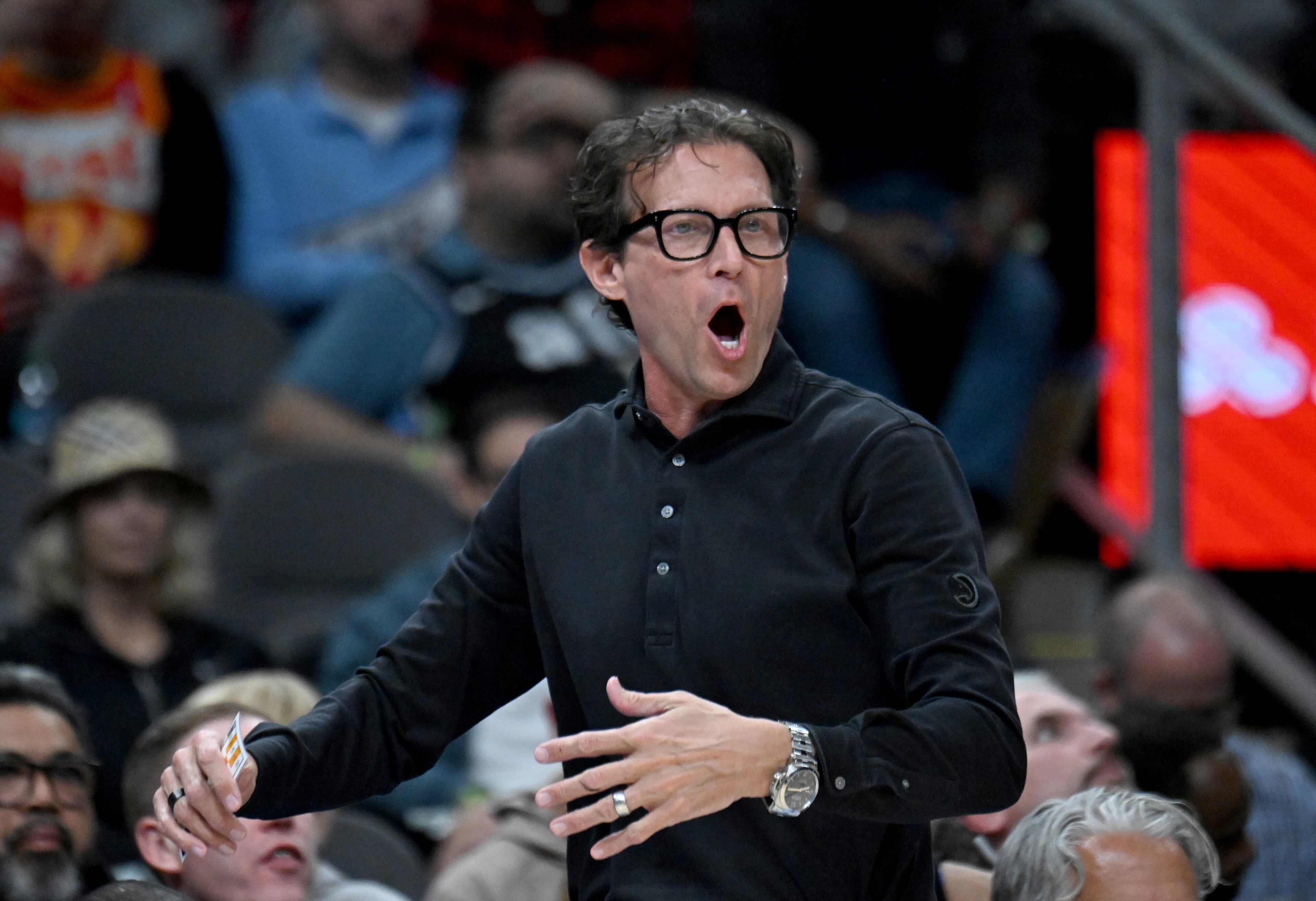 Atlanta Hawks head coach Quin Snyder reacts during the first half in an NBA basketball game at State Farm Arena, Friday, February 28, 2025, in Atlanta. The Hawks fell 135-119. (Hyosub Shin / AJC)