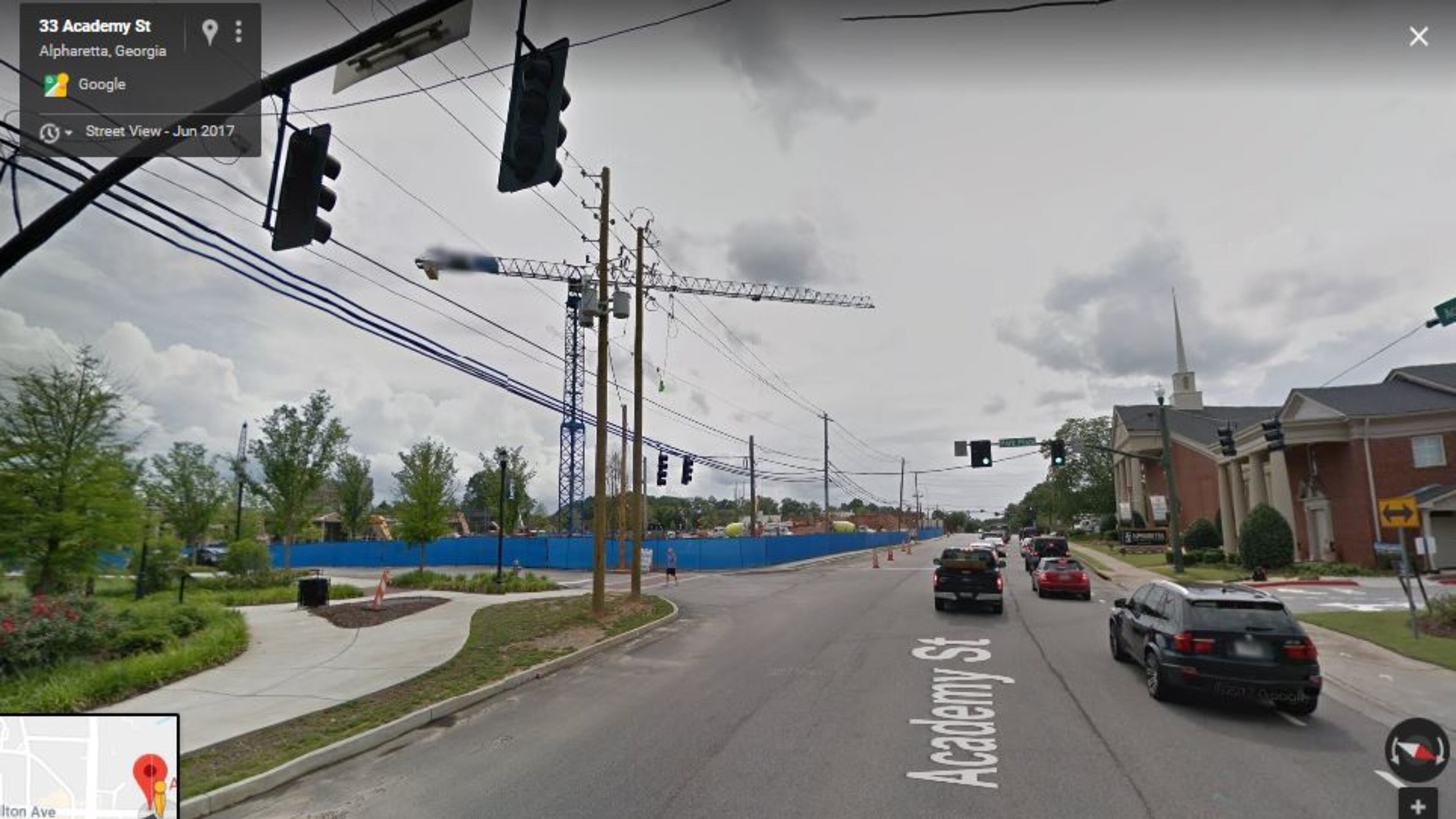 The intersection of Park Plaza and Academy Street in downtown Alpharetta will be upgraded with permanent traffic signals and upgraded accessibility ramps. GOOGLE MAPS