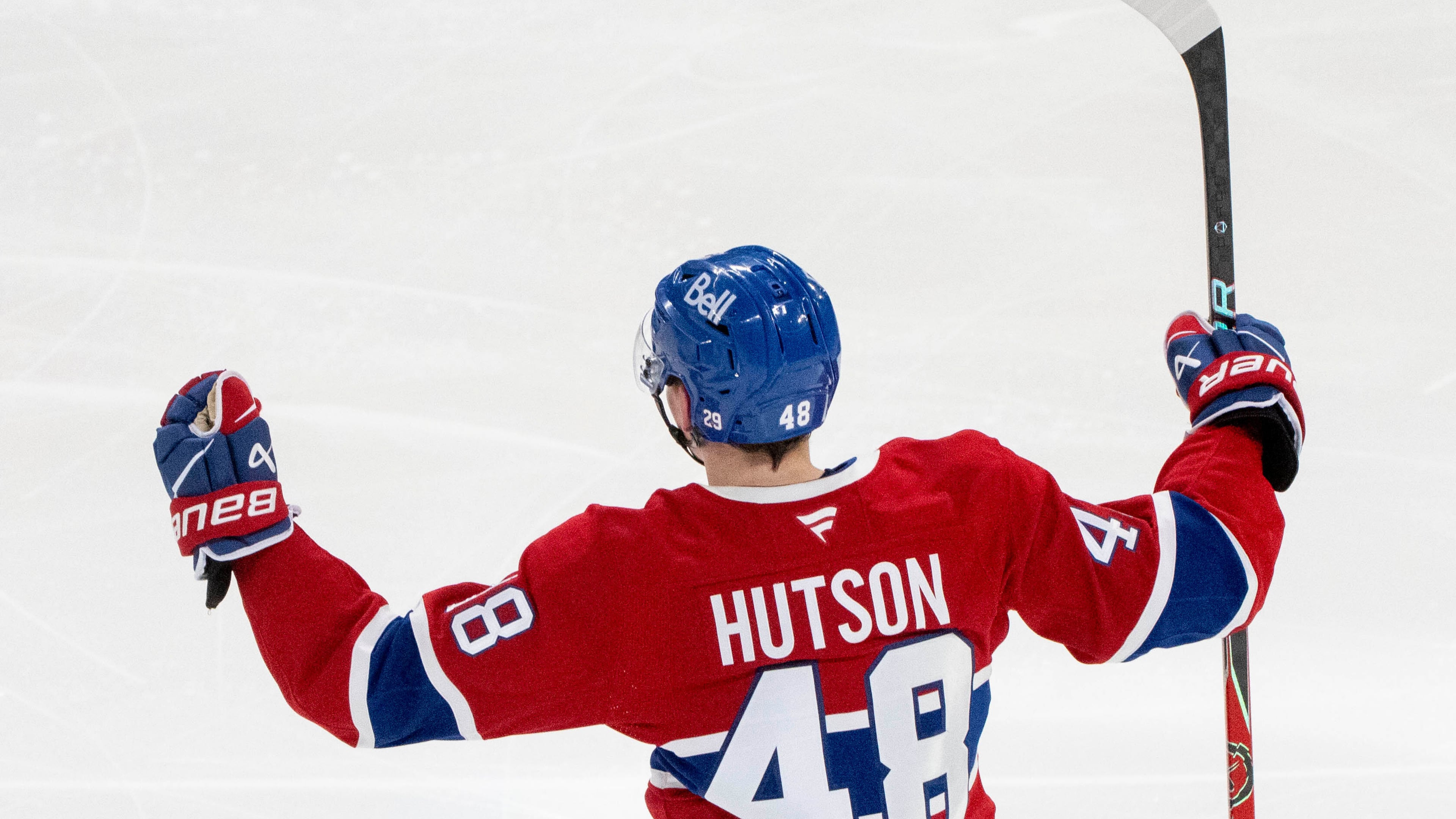 Montreal Canadiens' Lane Hutson celebrates after his winning goal against the Tampa Bay Lightning during overtime of Game 3 in a first-round NHL hockey Stanley Cup playoff series in Montreal, Friday, April 24, 2026. (Christinne Muschi/The Canadian Press via AP)