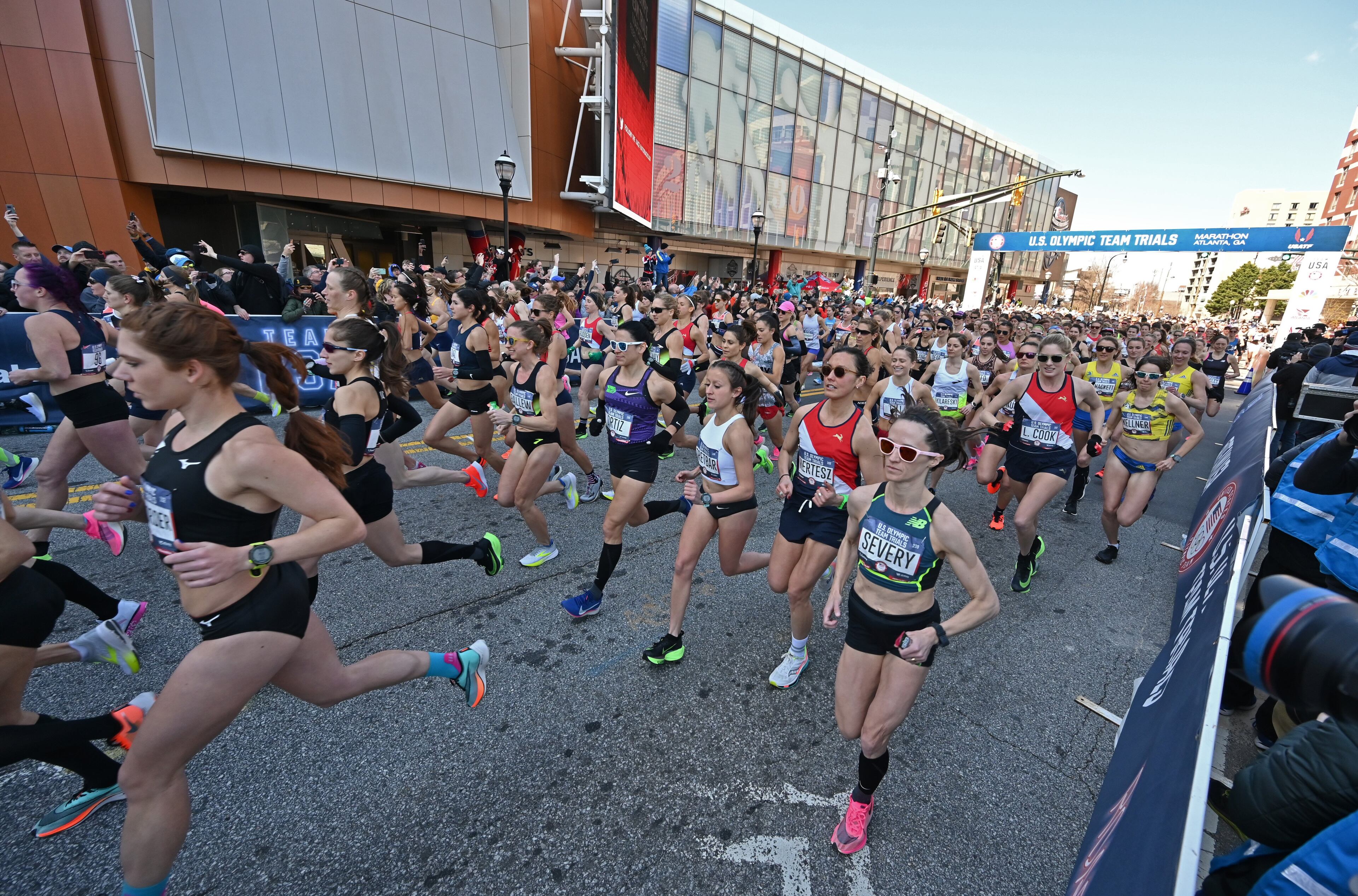 America's top female runners take off from the starting line for the 2020 U.S. Olympic Team Trials Marathon in downtown Atlanta on Saturday, February 29, 2020. The marathon will decide the first six American athletes heading to the Olympic Game in Tokyo. Featuring just under 700 of the country's top runners, the race is organized by Atlanta Track Club as part of America's Marathon Weekend. (Hyosub Shin / Hyosub.Shin@ajc.com)