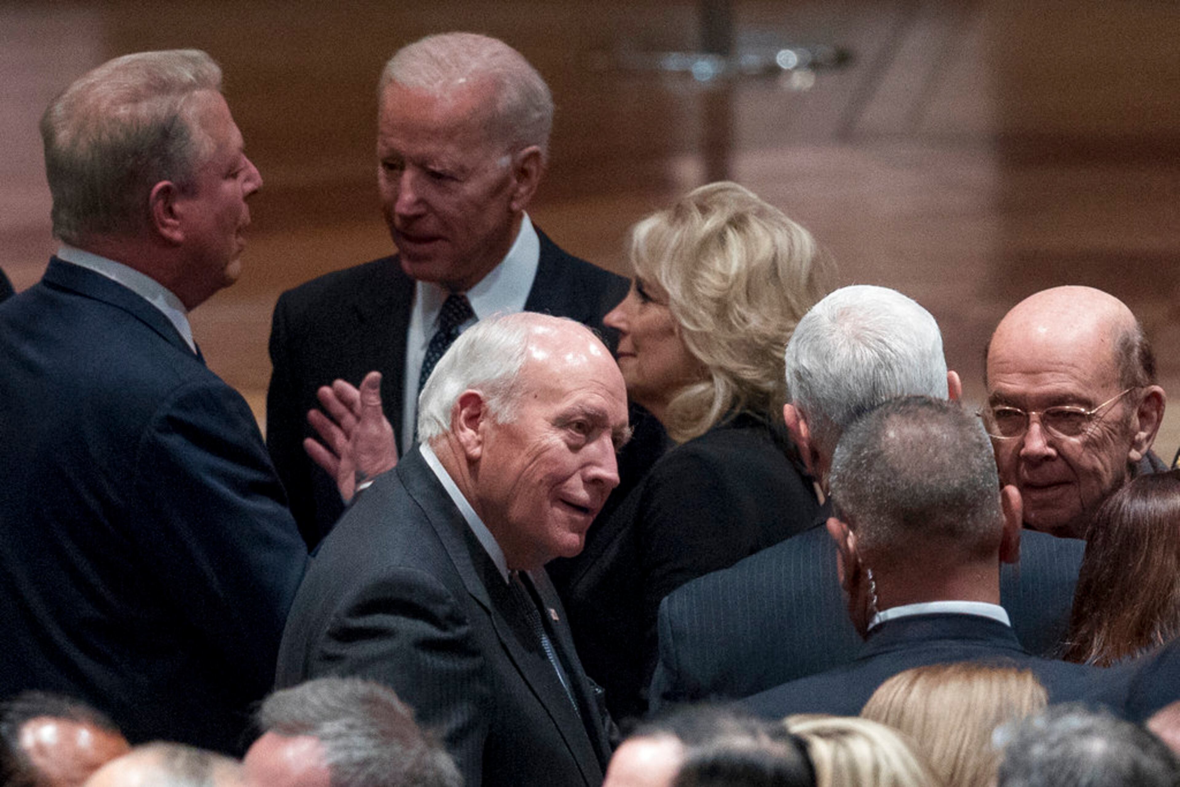 Former Vice President Al Gore, left, speaks with former Vice President Joe Biden, second from left, and his wife Jill Biden, center, as former Vice President Dick Cheney, bottom center, speaks with Commerce Secretary Wilbur Ross, right, before a State Funeral for former President George H.W. Bush at the National Cathedral, Wednesday, Dec. 5, 2018, in Washington. (AP Photo/Andrew Harnik, Pool)