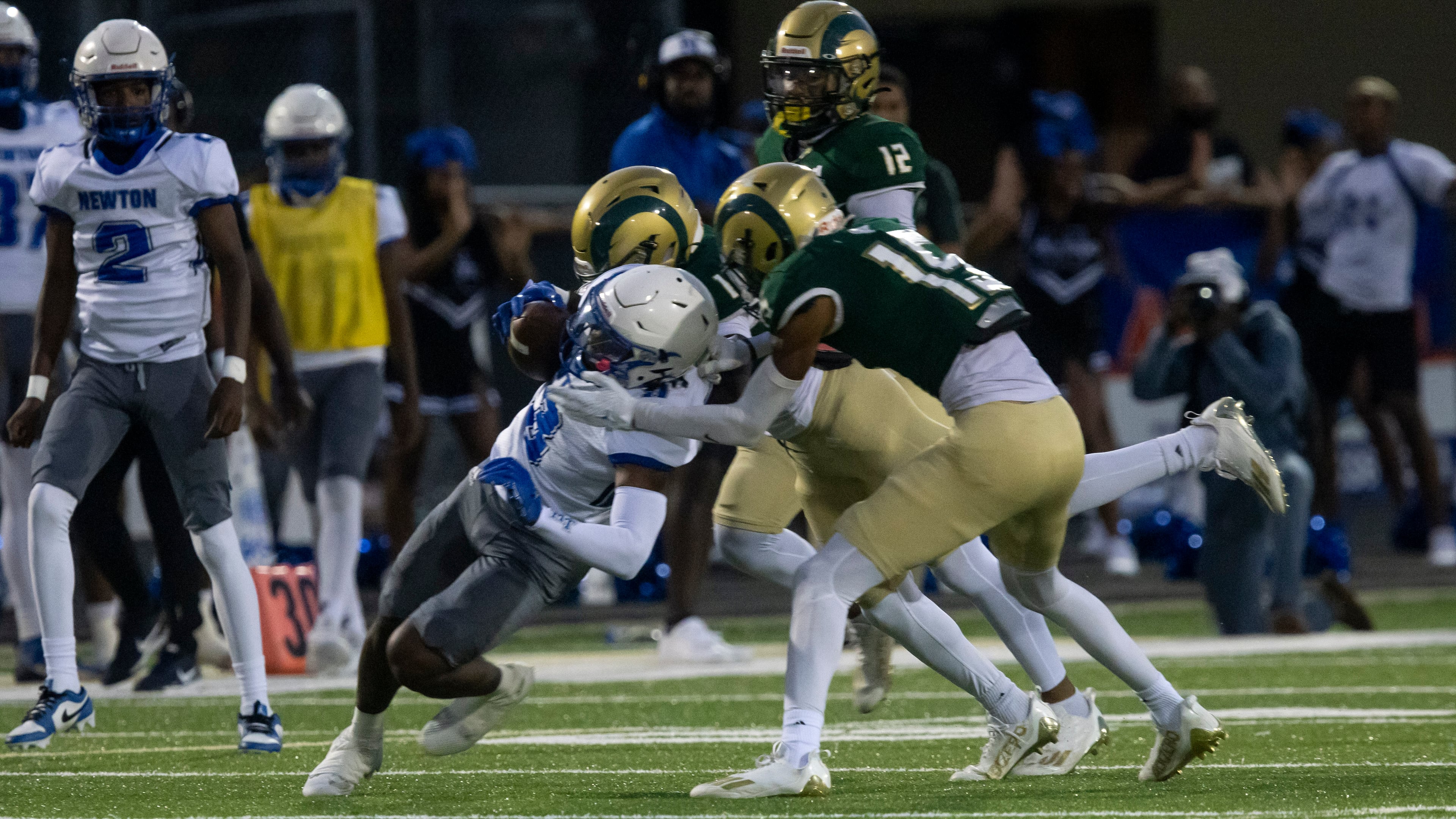 Newton County’s Marcus Calwise (3) is tackled during a GHSA High School Football game between Grayson High School and Newton County High School at Grayson High School in Lawrenceville, GA., on Friday, September 29, 2023. (Photo/Jenn Finch)