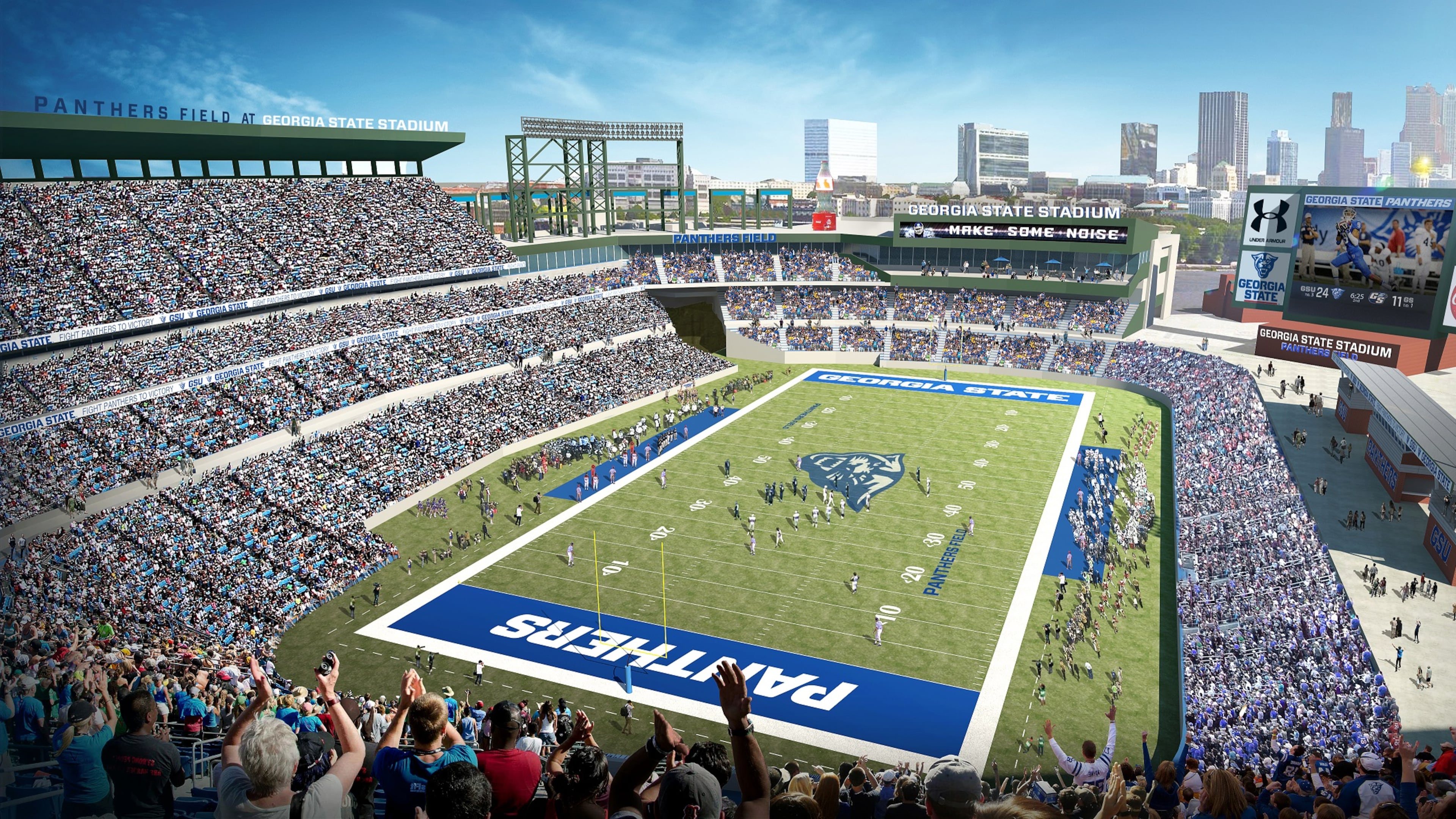 A rendering of Turner Field as a Georgia State Panthers football stadium, the cornerstone of a $300 million mixed-use development and southern extension of Georgia State’s campus. The stadium is slated for conversion into a football stadium with an initial capacity of 23,000 seats that could expand to 33,000. Source: Georgia State