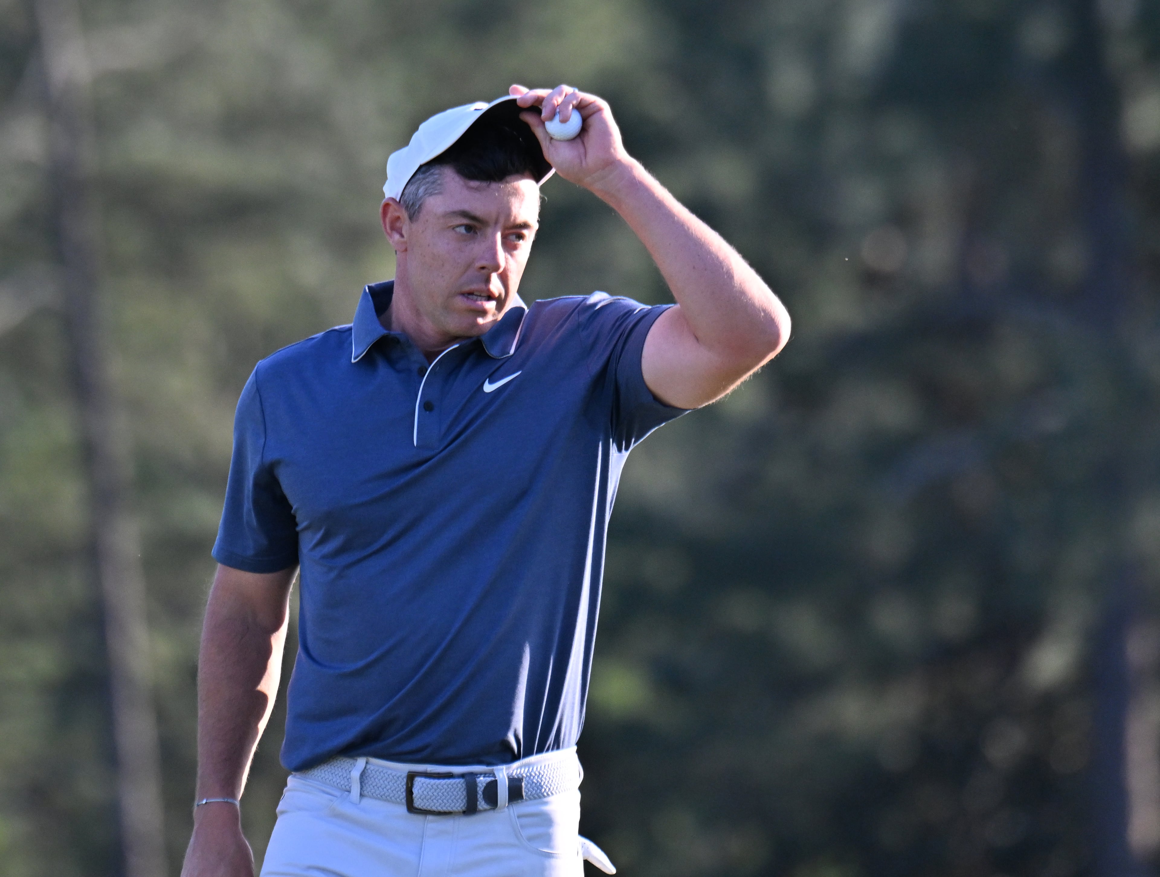Rory McIlroy reacts to bogey putt on 18th hole during final round of the Masters golf tournament, at Augusta National Golf Club, Sunday, April 13, 2025, in Augusta, Ga. (Hyosub Shin / AJC)