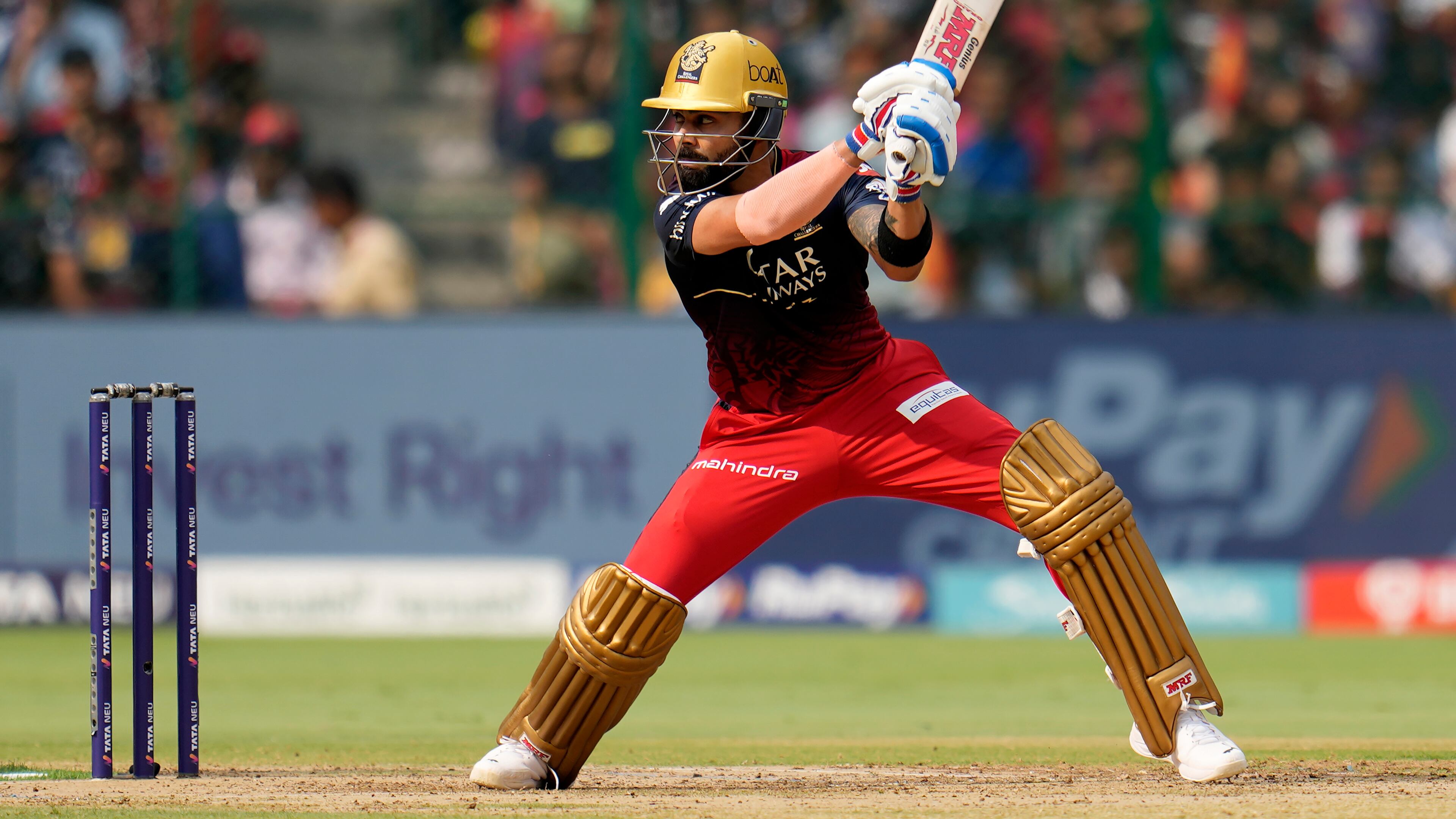FILE - Royal Challengers Bangalore's Virat Kohli plays a shot during the Indian Premier League cricket match between Royal Challengers Bangalore and Delhi Capitals in Bengaluru, India, April 15, 2023. (AP Photo/Aijaz Rahi, File)