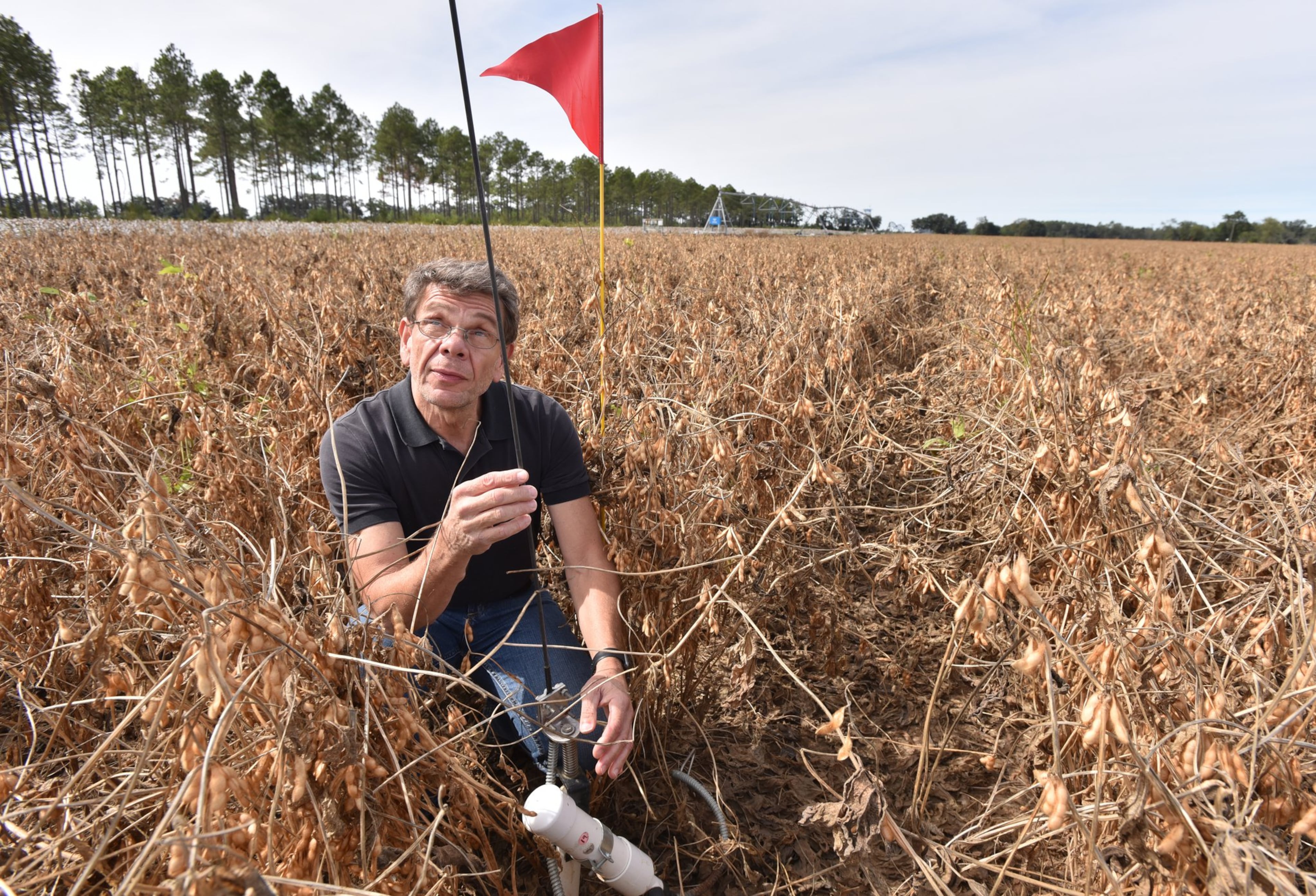 George Vellidis, a professor of crop and soil sciences at University of Georgia’s Tifton campus, shows a wireless soil moisture sensor at C.M. Stripling Irrigation Research Park in Camilla in October. It’s been six years since Florida took its long-running water rights grievances against Georgia to the Supreme Court, and since then the focus of its suit has shifted from metro Atlanta to the farmland of southwest Georgia. (Hyosub Shin / Hyosub.Shin@ajc.com)