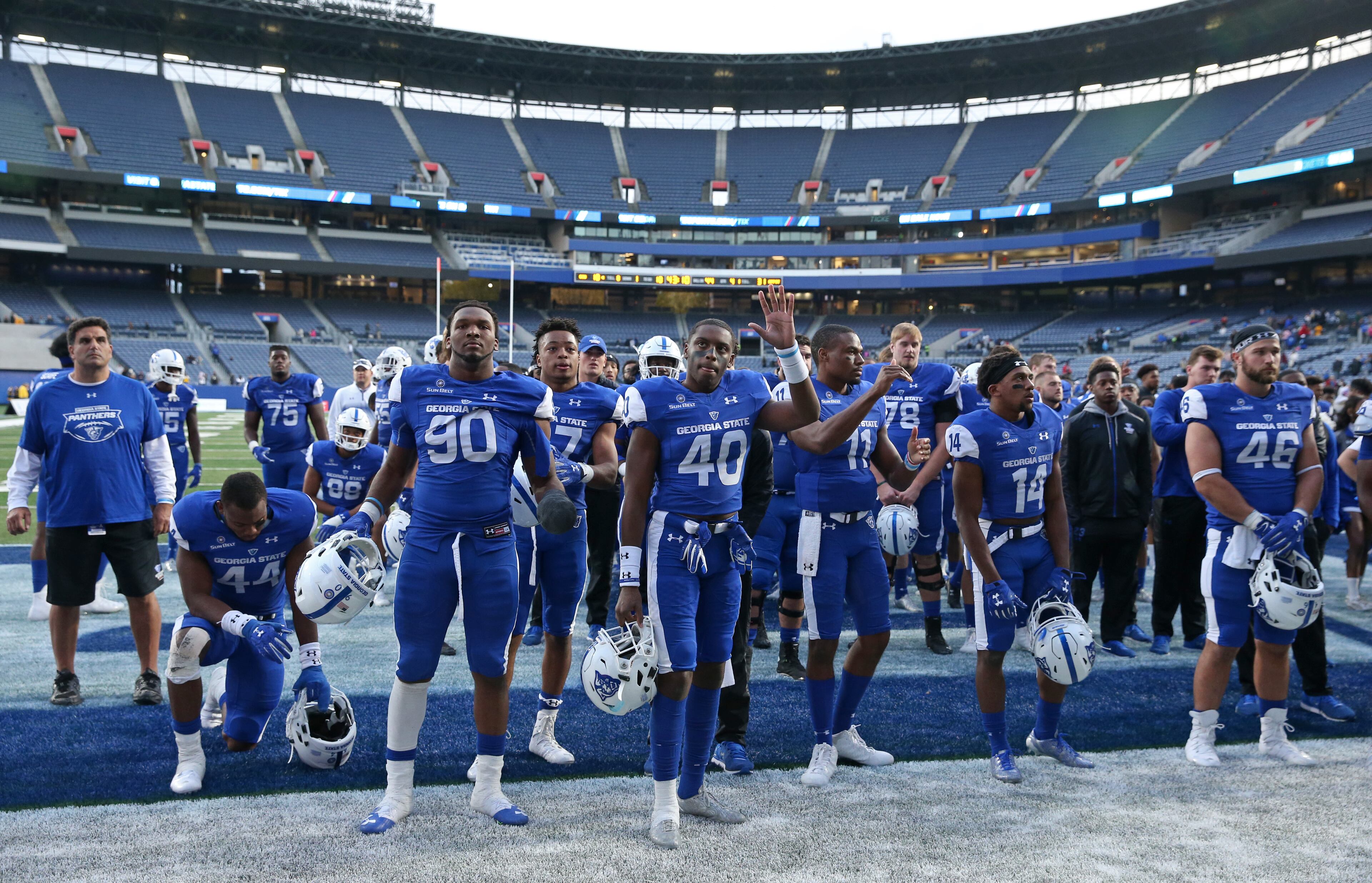 November 25, 2017 - Atlanta, Ga: Georgia State Panthers players react to the band after their game against the Appalachian State Mountaineers at GSU Stadium Saturday, November 25, 2017, in Atlanta. Appalachian State Mountaineers won 31-10. PHOTO / JASON GETZ