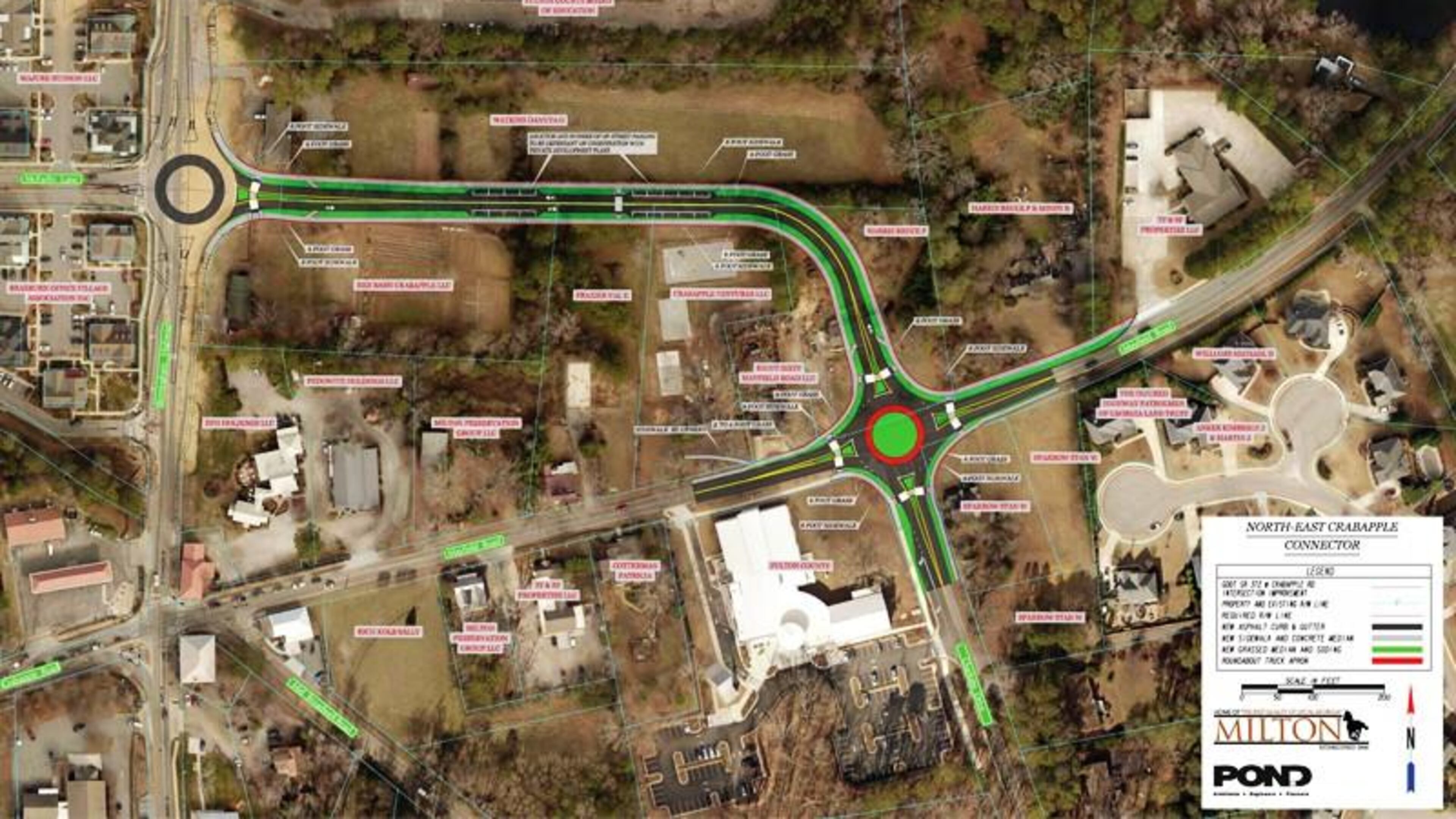 Map depicts Milton’s Northeast Crabapple Connector, which would give motorists a way to bypass congestion in the downtown Crabapple area. Work was to begin the week of July 22, with the project’s completion expected next spring. CITY OF MILTON