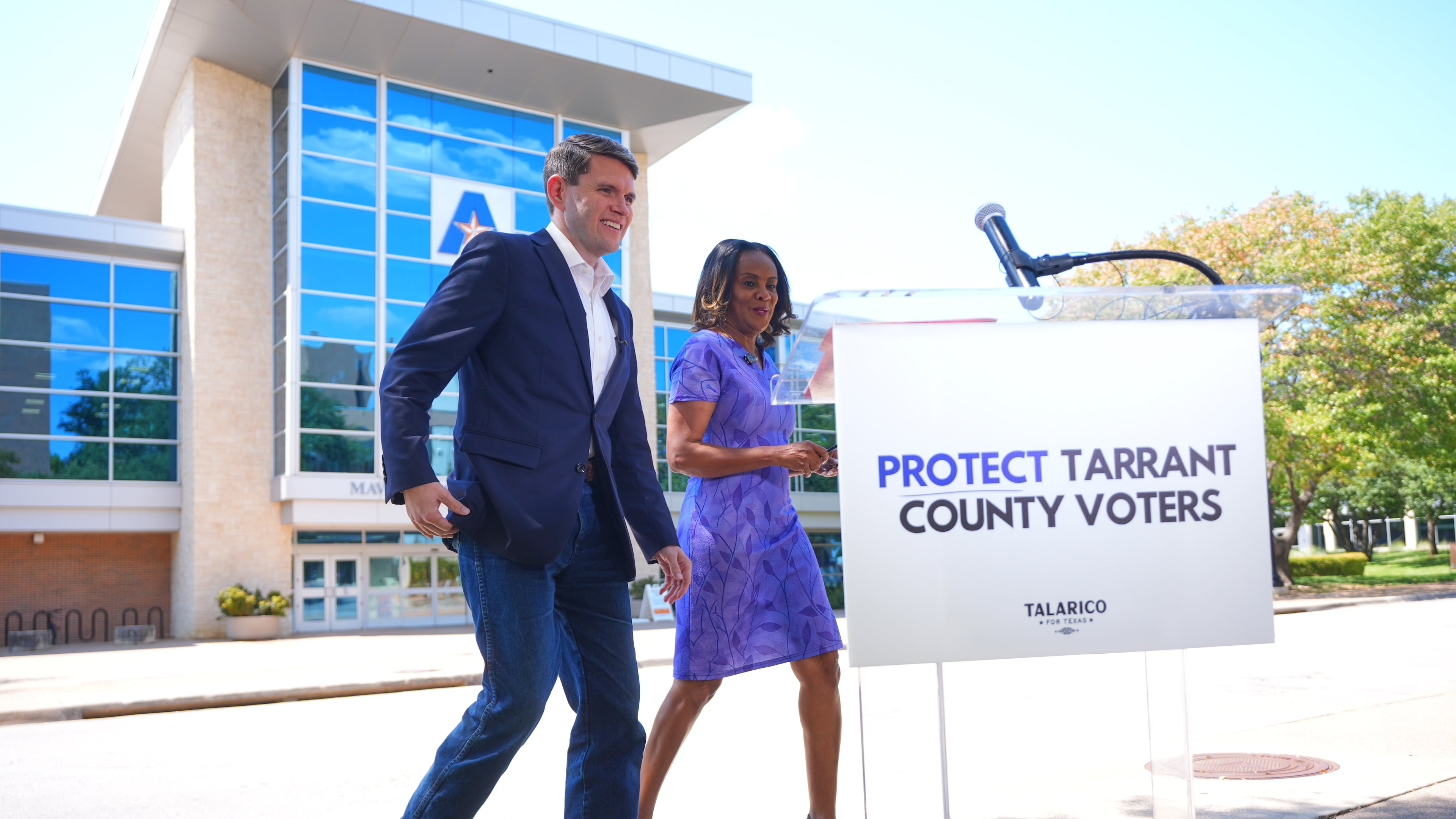 Democratic Senate candidate James Talarico, left, and Tarrant County Commissioner Alisa Simmons arrive for a news conference at UTA, Sunday, Aug. 30, 2026, in Arlington, Texas. (AP Photo/LM Otero)