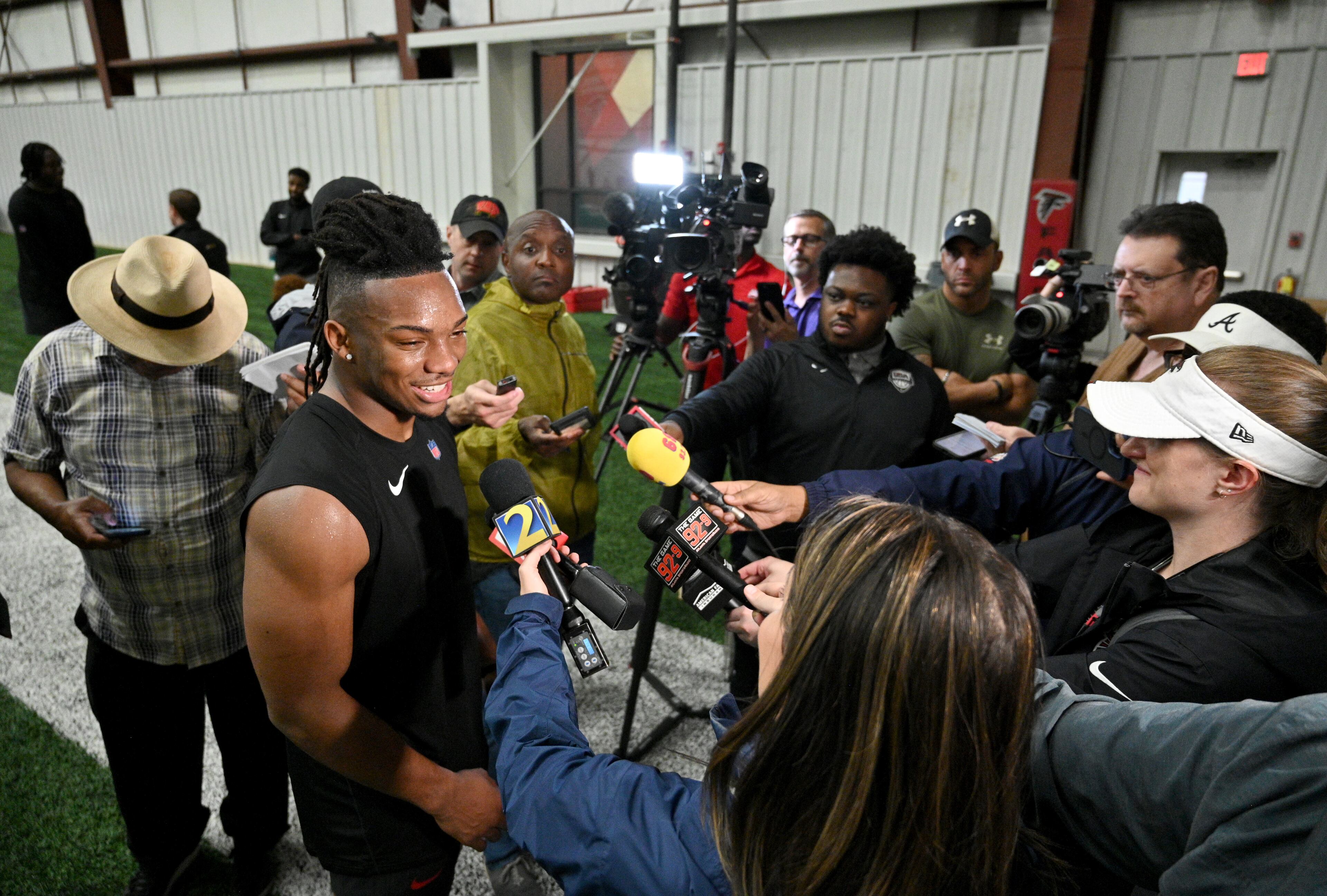 Atlanta Falcons running back Bijan Robinson answers questions from members of the press after rookie minicamp at Atlanta Falcons Training Facility, Friday, May 12, 2023, in Flowery Branch. (Hyosub Shin / Hyosub.Shin@ajc.com)