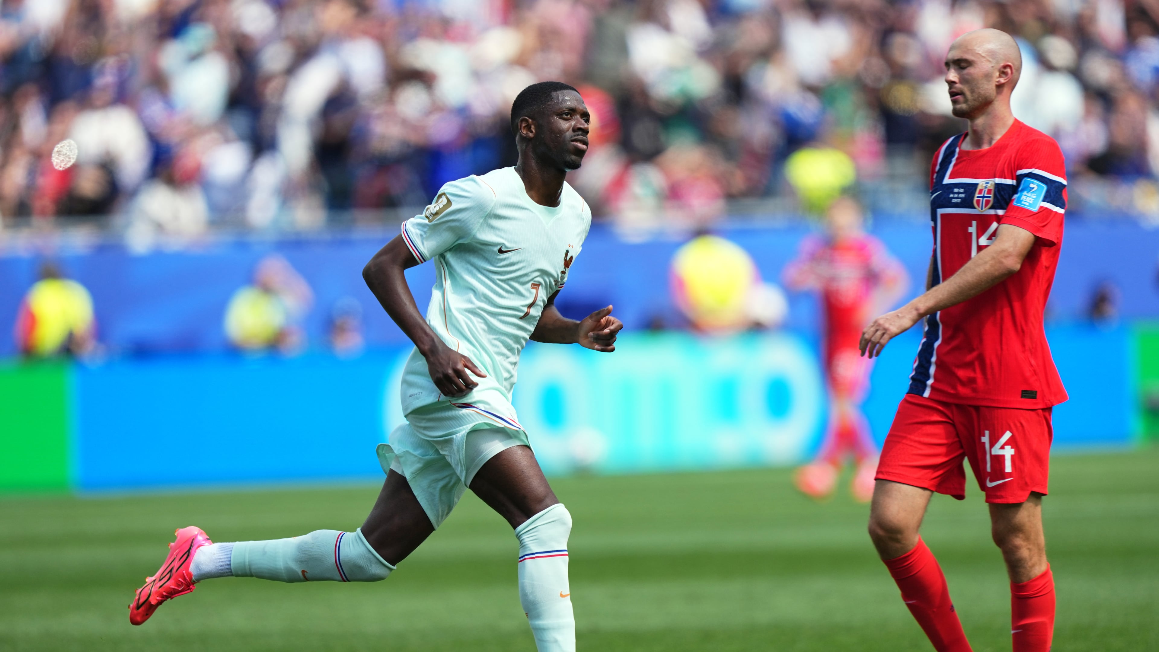 France's Ousmane Dembele celebrates after scoring his side's second goal during the World Cup Group I soccer match between Norway and France in Foxborough, Mass., near Boston, Friday, June 26, 2026. (AP Photo/Martin Meissner)
