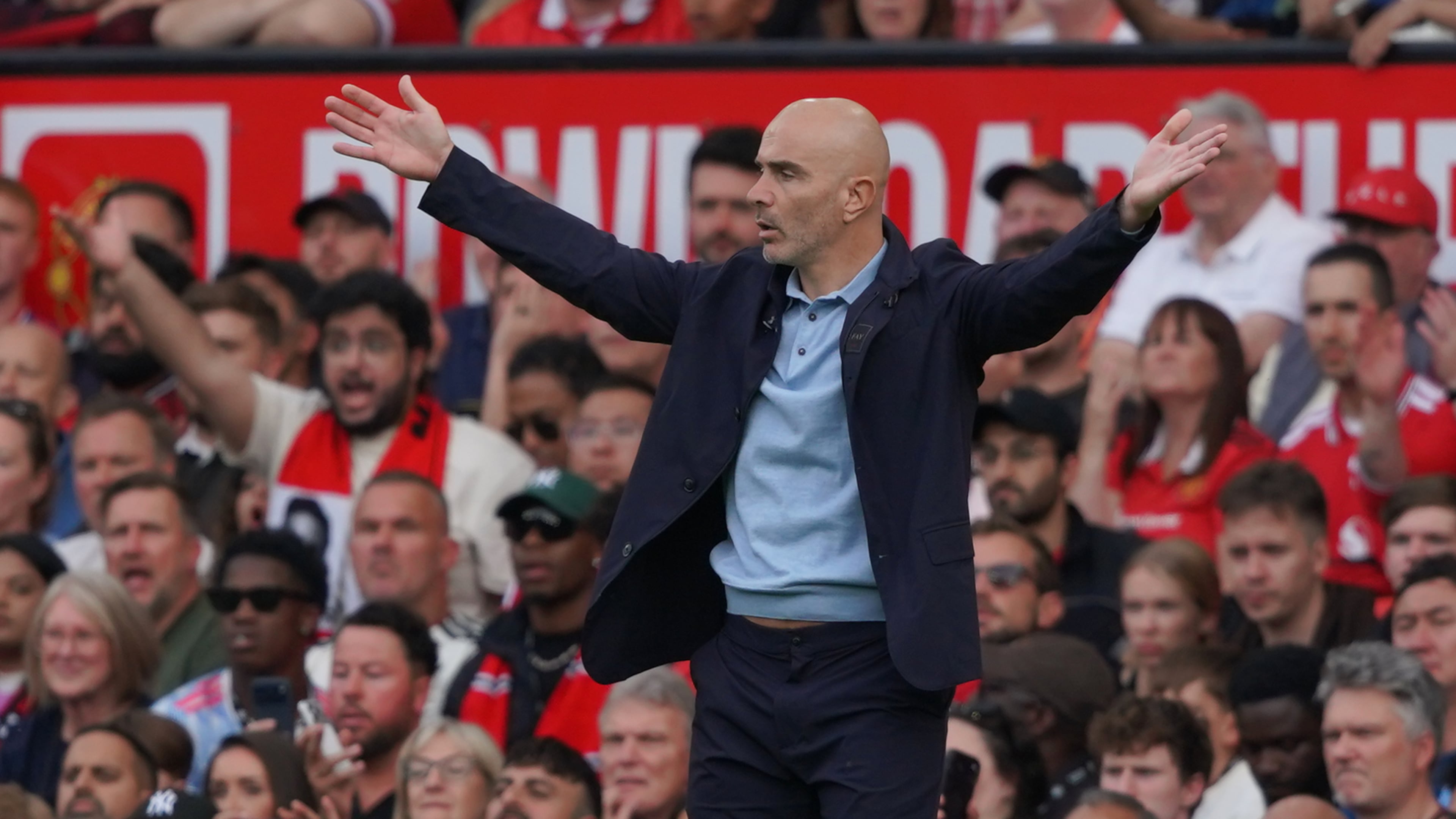 Manchester City's head coach Enzo Maresca gestures during the English Premier League soccer match between Manchester United and Manchester City in Manchester, England, Sunday, Sept. 13, 2026. (AP Photo/Ian Hodgson)