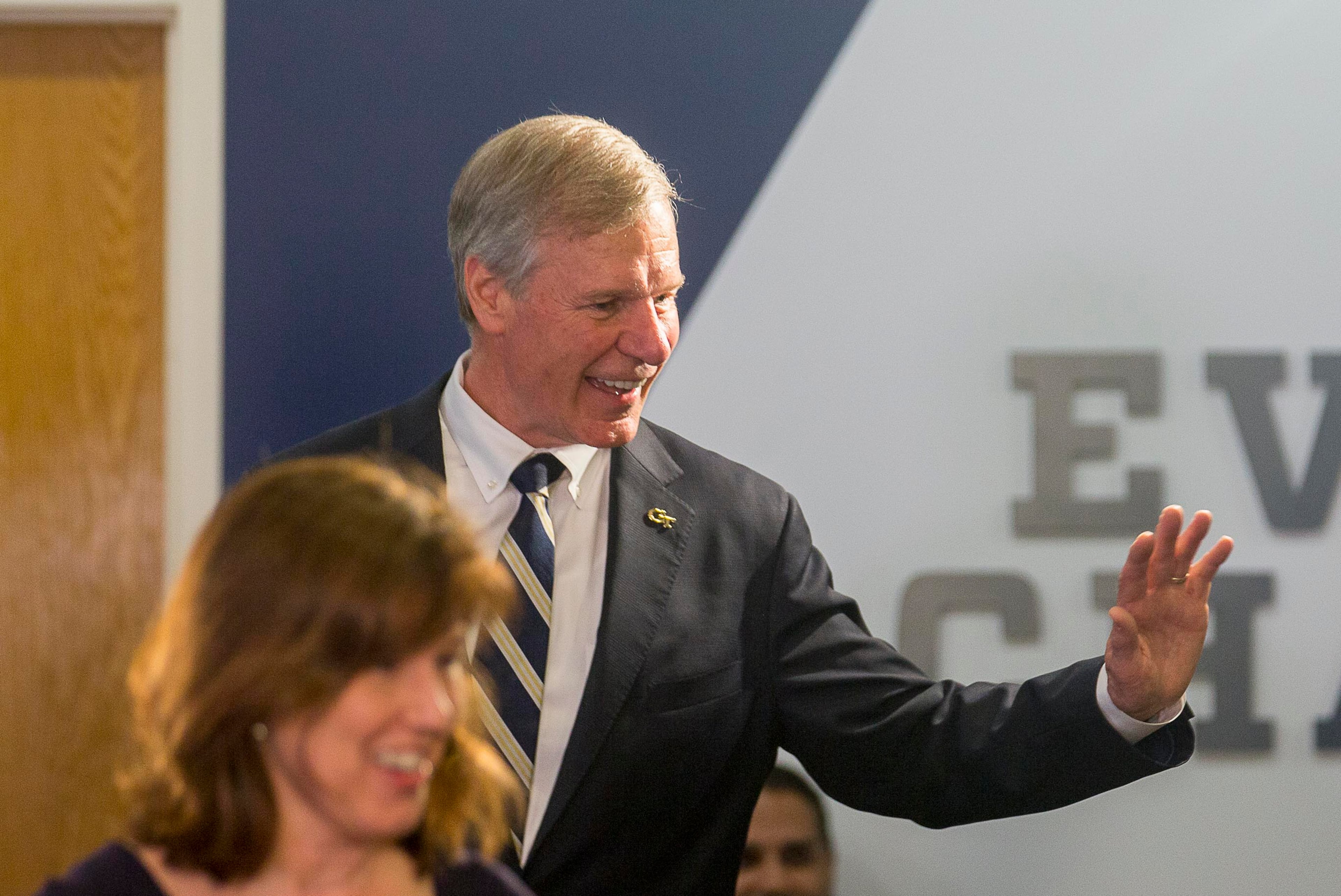 Georgia Tech president G.P. "Bud" Peterson greets members of a crowd gathered for a press conference. (ALYSSA POINTER/ALYSSA.POINTER@AJC.COM)