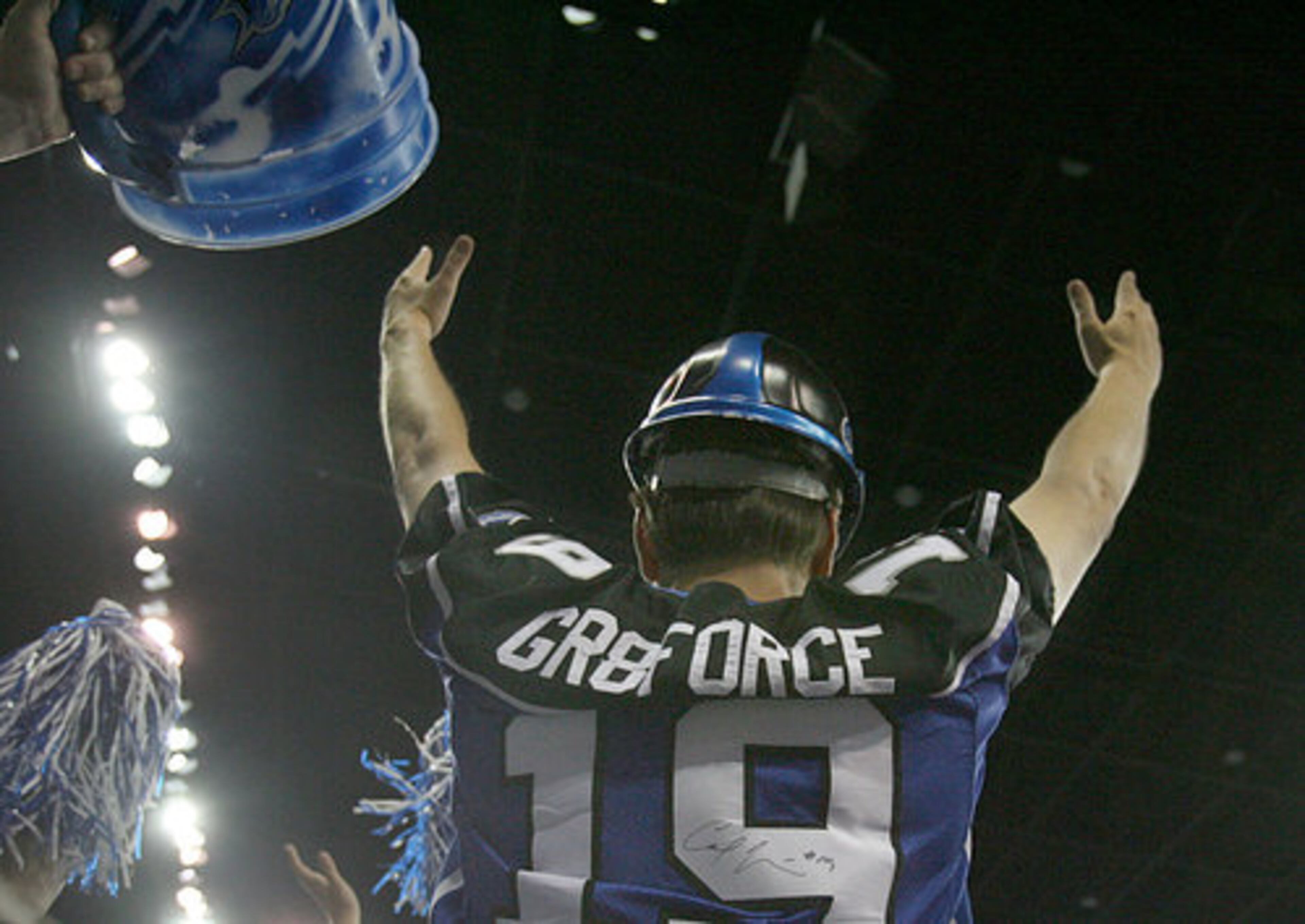 Force fan Dane Booth cheers on the Force during their divisional playoff game at Gwinnett Arena.