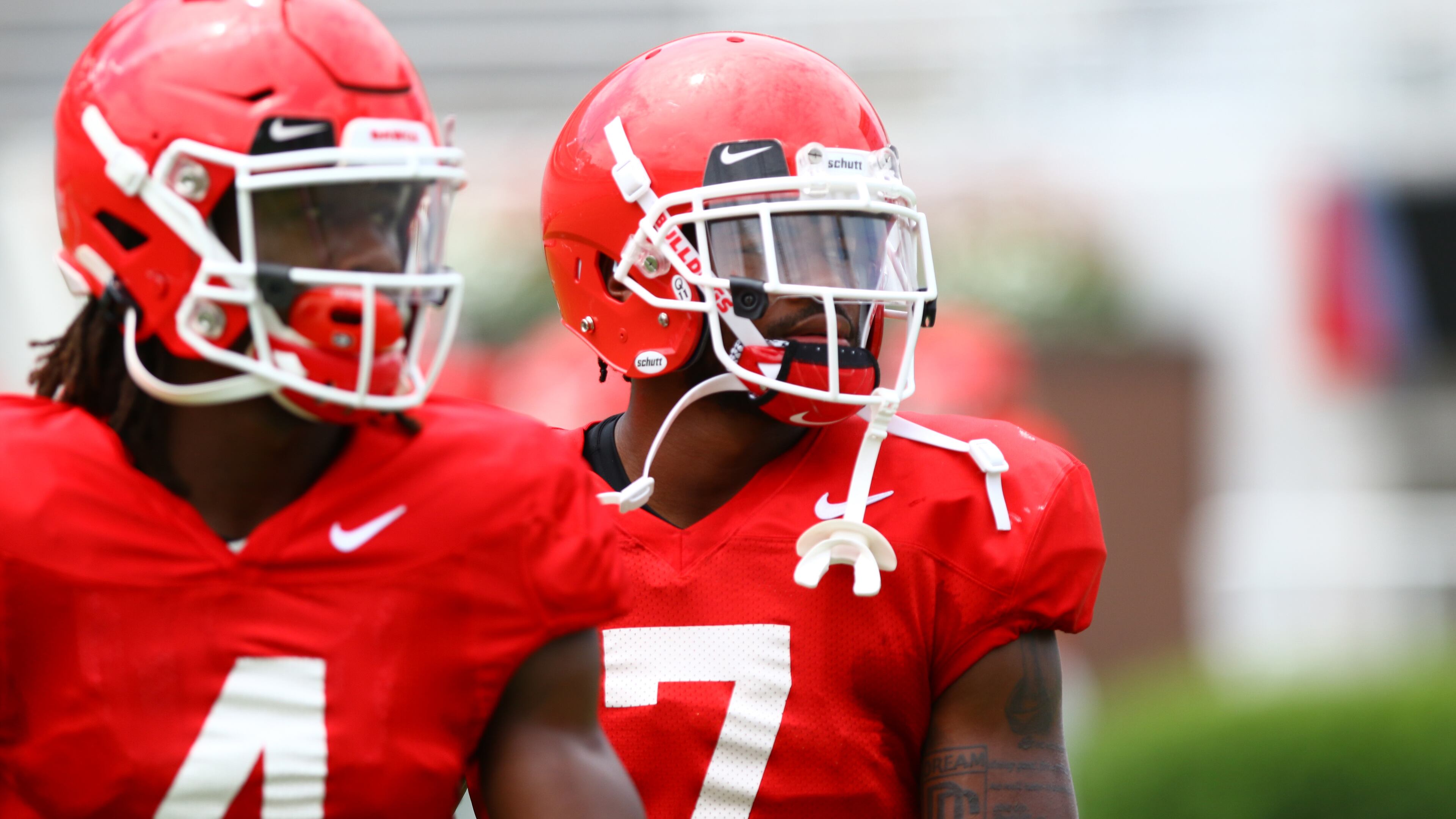 Georgia tailbacks D'Andre Swift (7) and James Cook (4) during the Bulldogs' practice Saturday, Aug. 10, 2019, in Sanford Stadium in Athens.