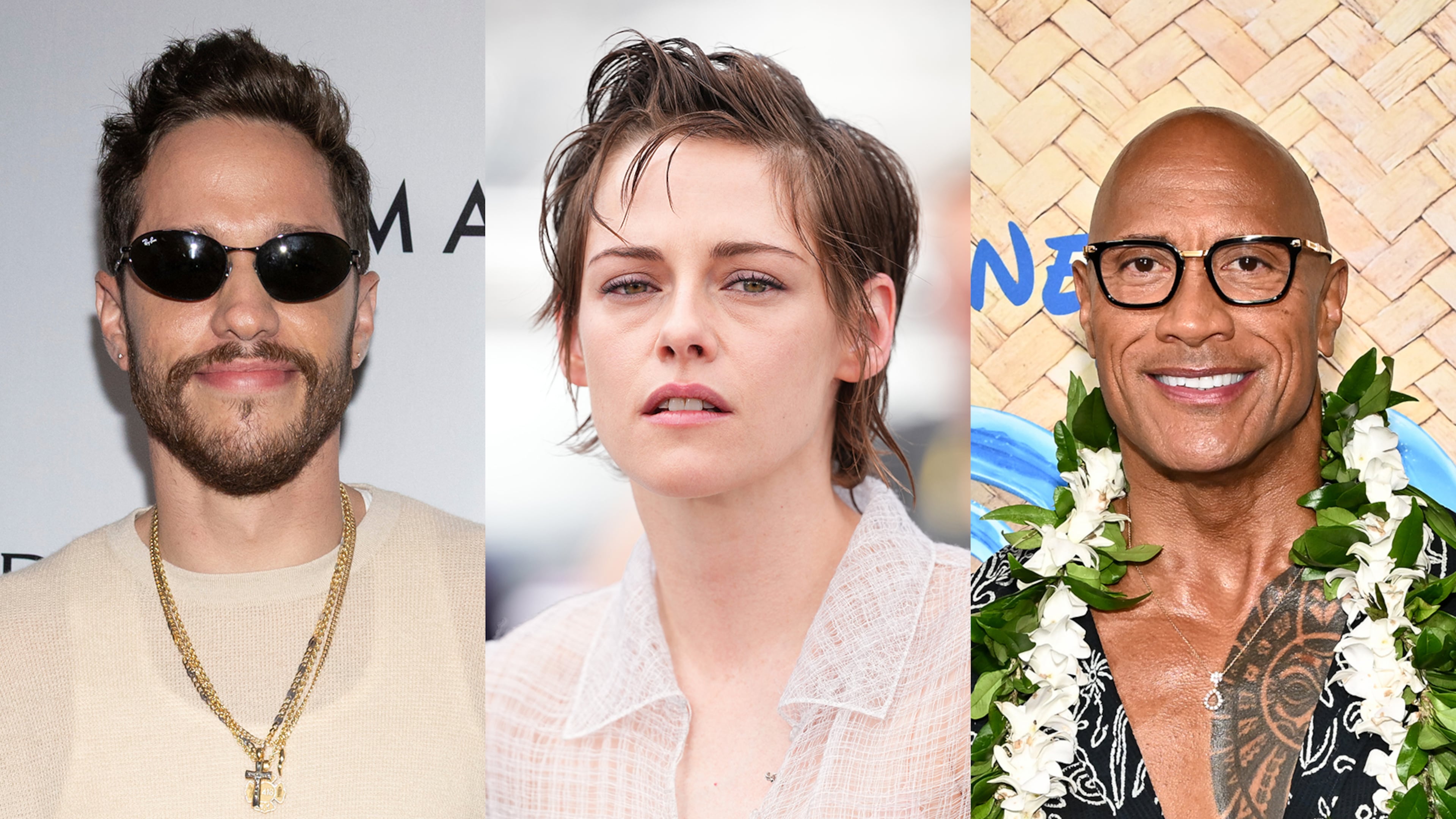 Among the actors in Atlanta or coming soon to Atlanta in August 2026 for productions include (l-r) Pete Davidson for "Tommy Karate," Kristen Stewart for "The Challenger" and Dwayne "The Rock" Johnson for "Lizard Music." (The Associated Press file photos)