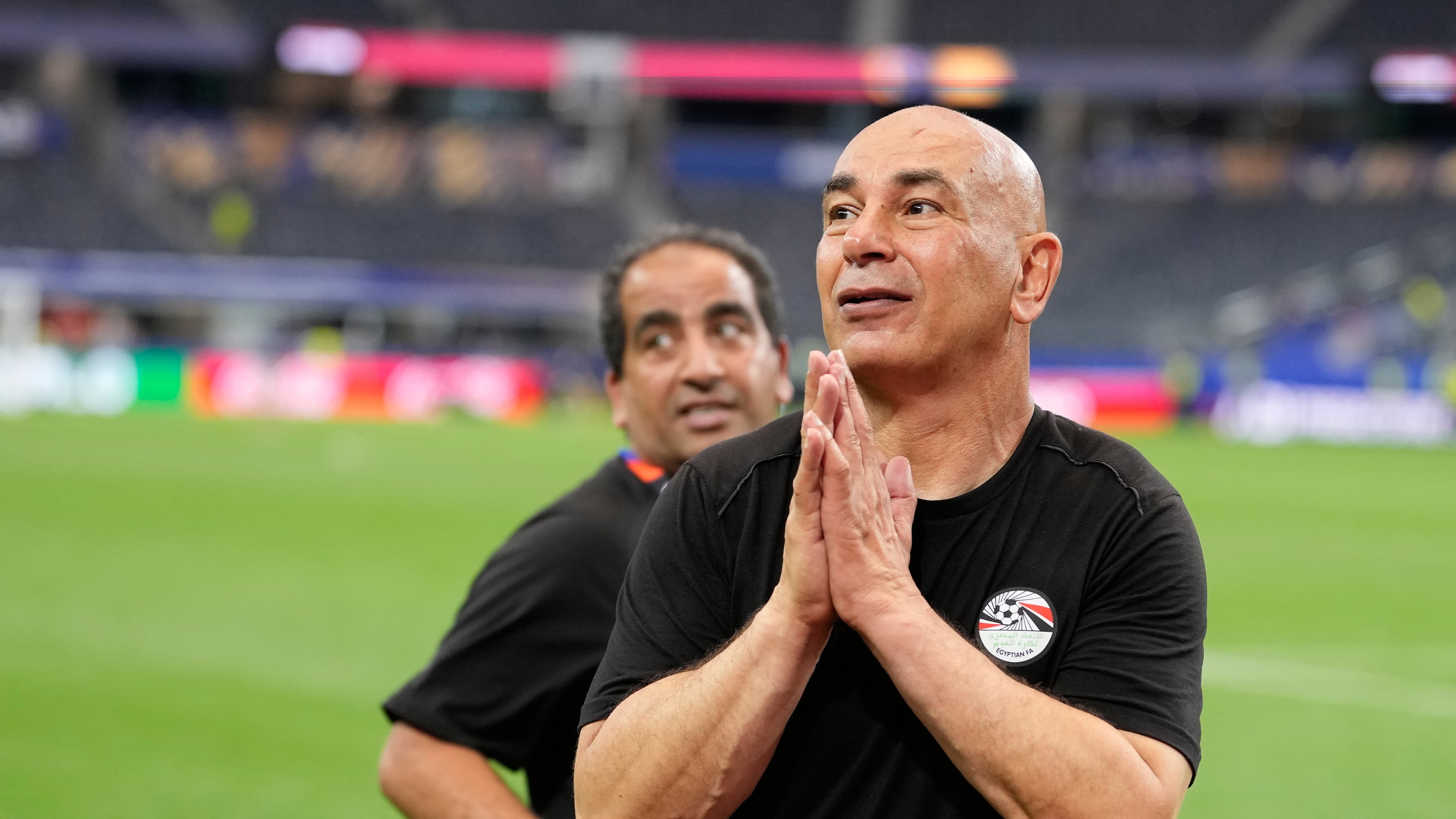 Egypt head coach Hossam Hassan reacts after winning a penalty shootout against Australia for the World Cup round of 32 soccer match in Arlington, Texas, near Dallas, Friday, July 3, 2026. (AP Photo/Tony Gutierrez)