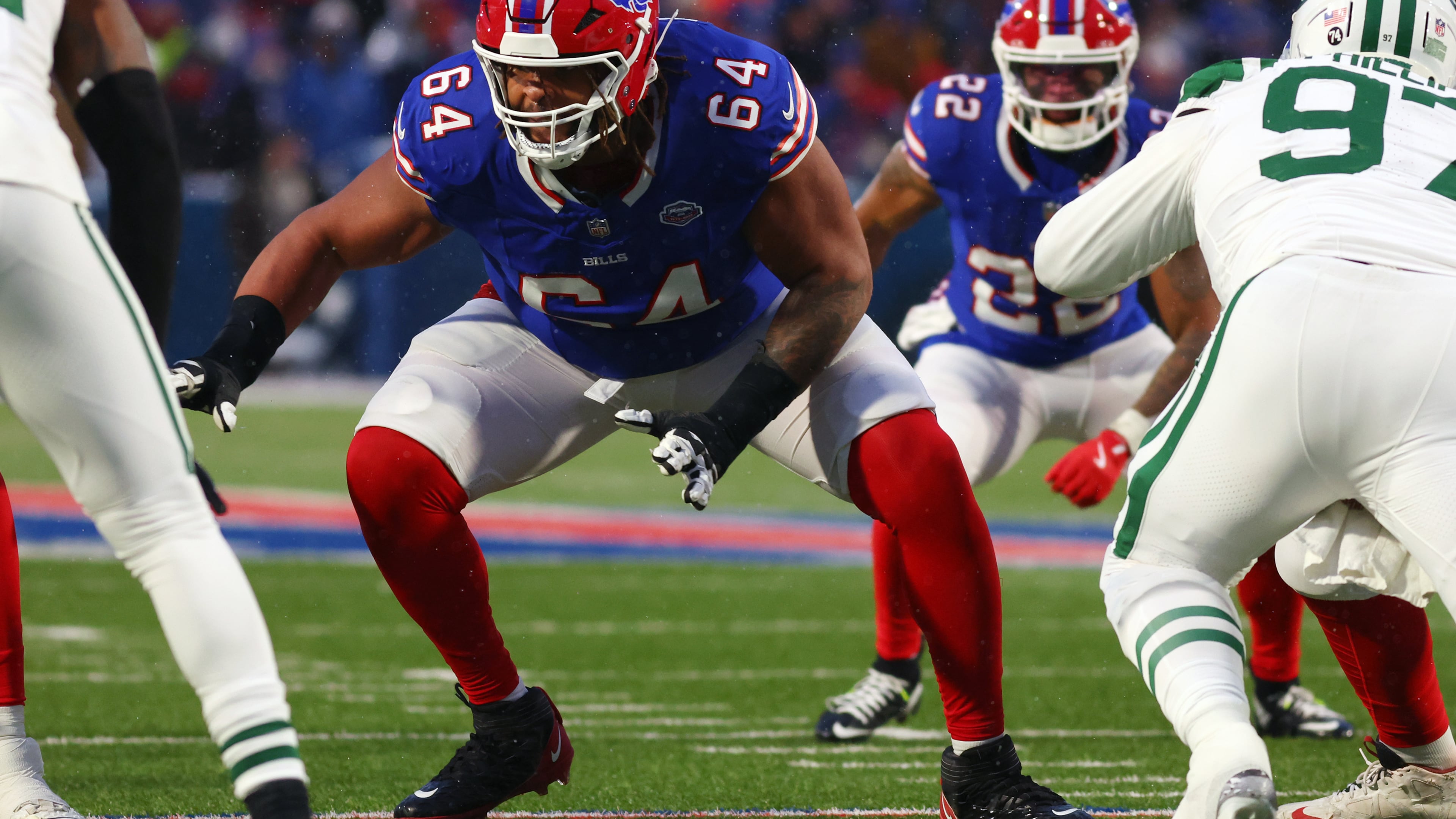 FILE - Buffalo Bills guard O'Cyrus Torrence (64) blocks during the first half of an NFL football game against the New York Jets in Orchard Park, N.Y., Sunday Jan. 4, 2026. (AP Photo/ Jeffrey T. Barnes, File)