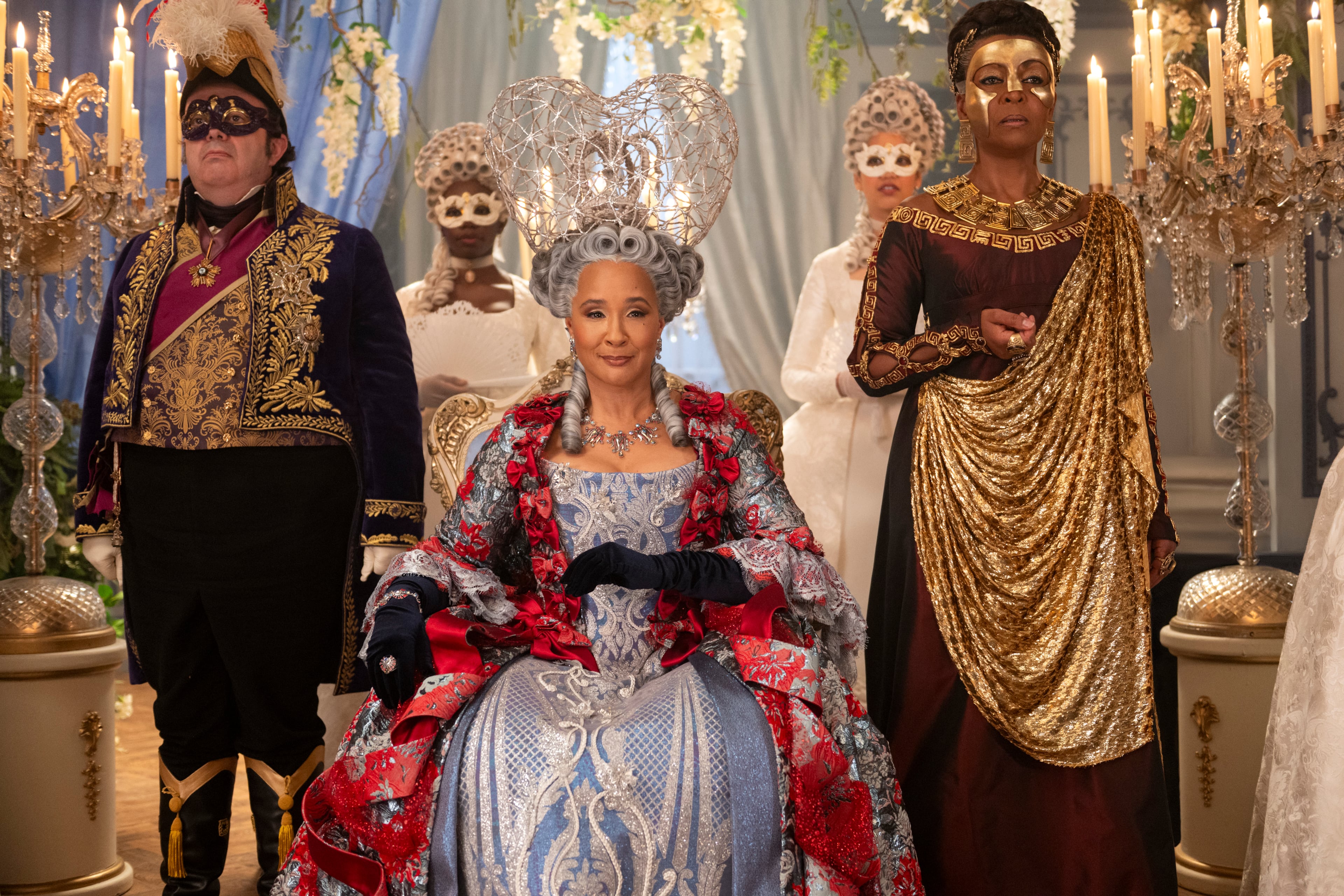 (From left) Hugh Sachs as Brimsley, Golda Rosheuvel as Queen Charlotte and Adjoa Andoh as Lady Danbury in the fourth season of "Bridgerton." (Liam Daniel/Netflix 2025)