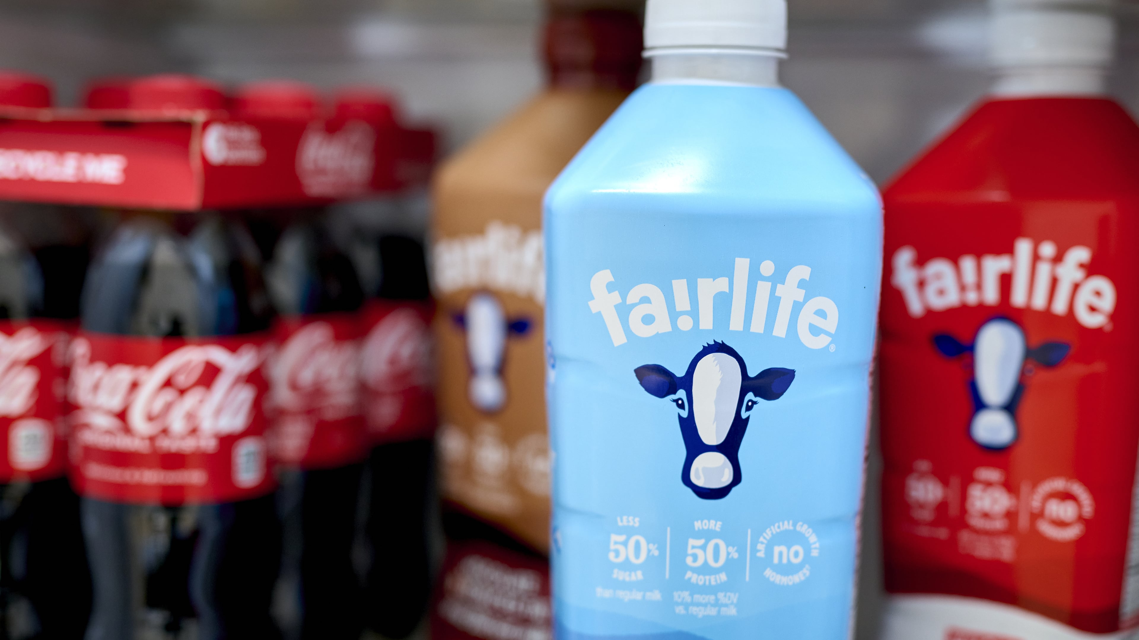 Fairlife ultra-filtered fat free, whole and chocolate milk are displayed on a grocery shelf in Germantown, N.Y. Fairlife, which uses a specialized filtering process to boost protein and cut sugar and lactose in its milk products, helped spark the modern protein craze that's unfolded alongside the rise of Ozempic and other GLP-1 drugs. (Gabby Jones/Bloomberg via Getty Images 2024)