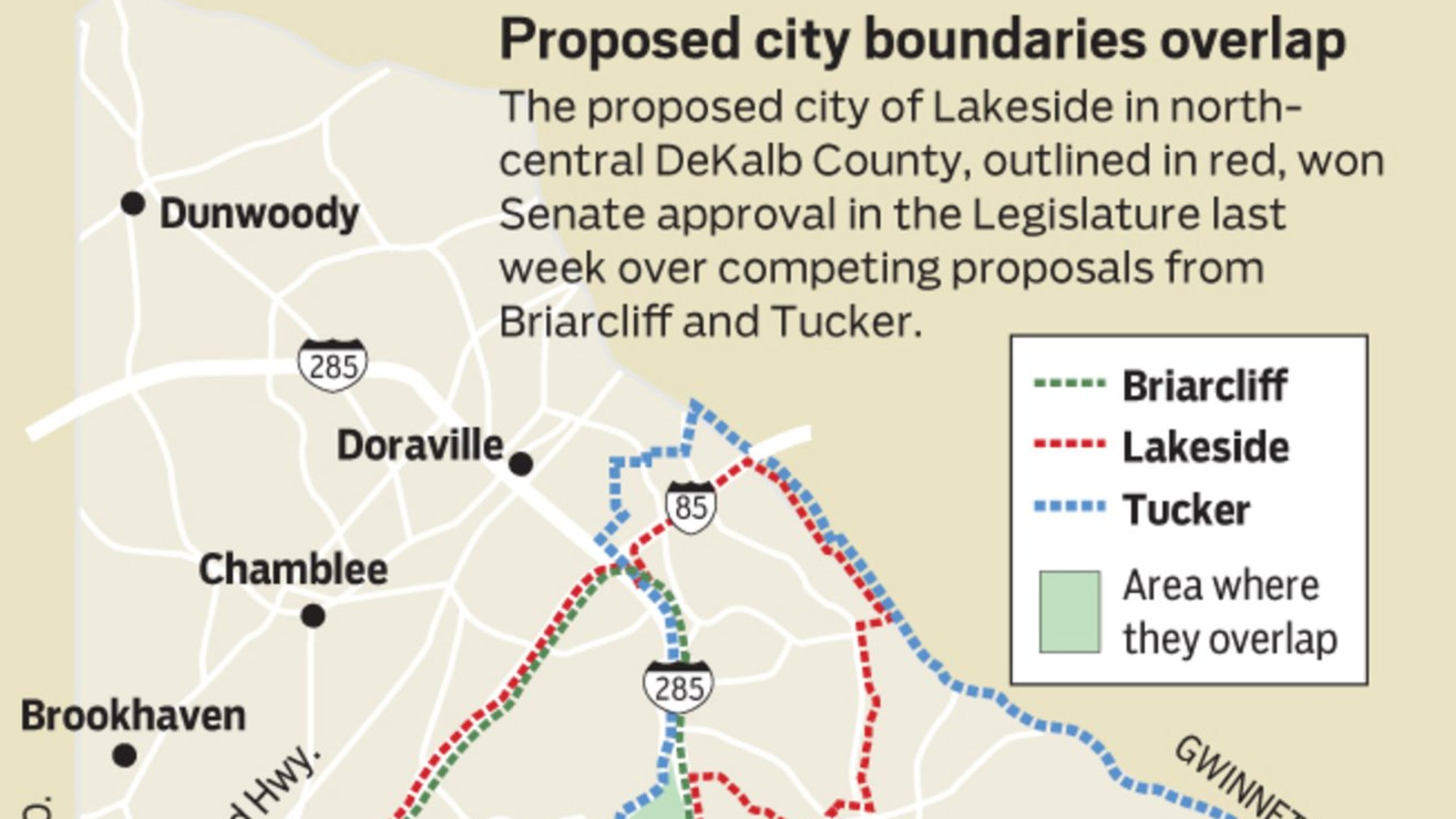 The Legislature is considering three competing proposals for a city in north-central DeKalb County. A proposed city of Lakeside, show on the map in red, won Senate approval and appears to have the greatest chance of adoption. STAFF