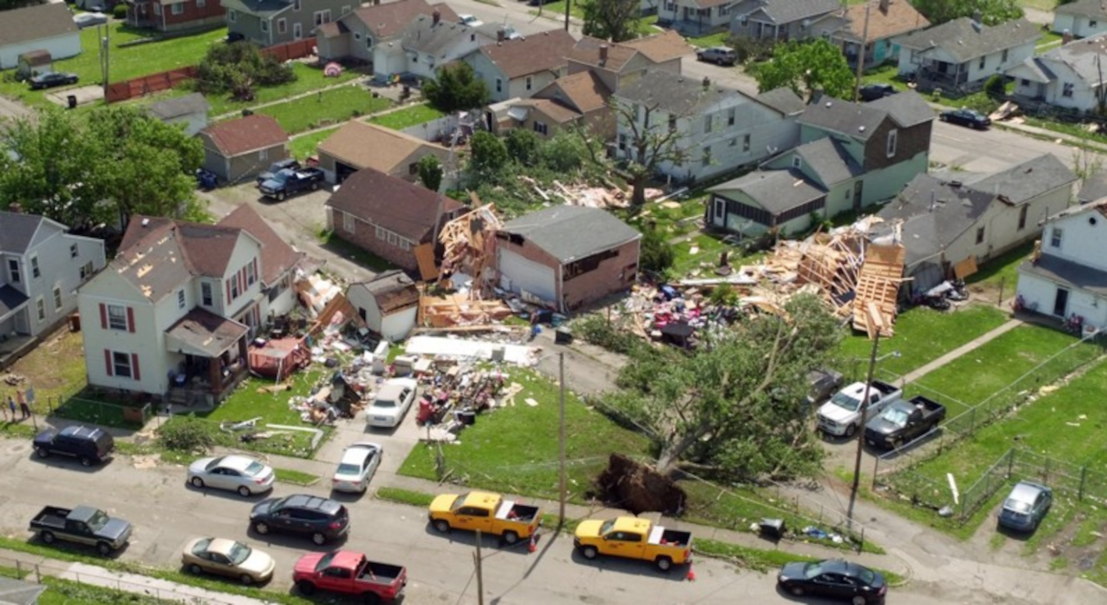 Suspected tornado damage can be seen in Dayton, Ohio, on Tuesday, May 28, 2019.