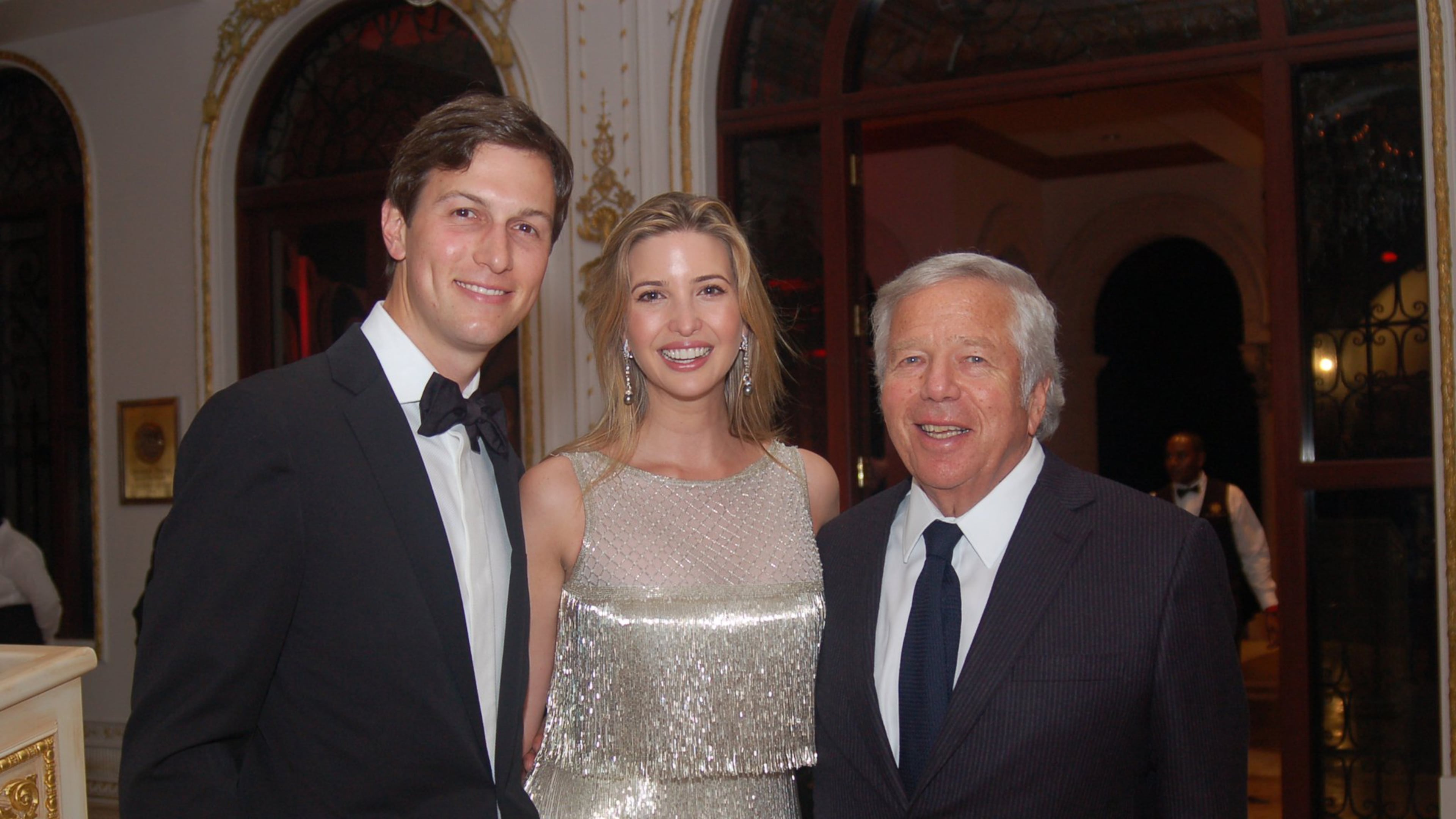 Robert Kraft, right, posed with Ivanka Trump Kushner and her husband, Jared Kushner, at a 2013 New Year’s party at The Mar-a-Lago Club. Debbie Schatz/Palm Beach Daily News