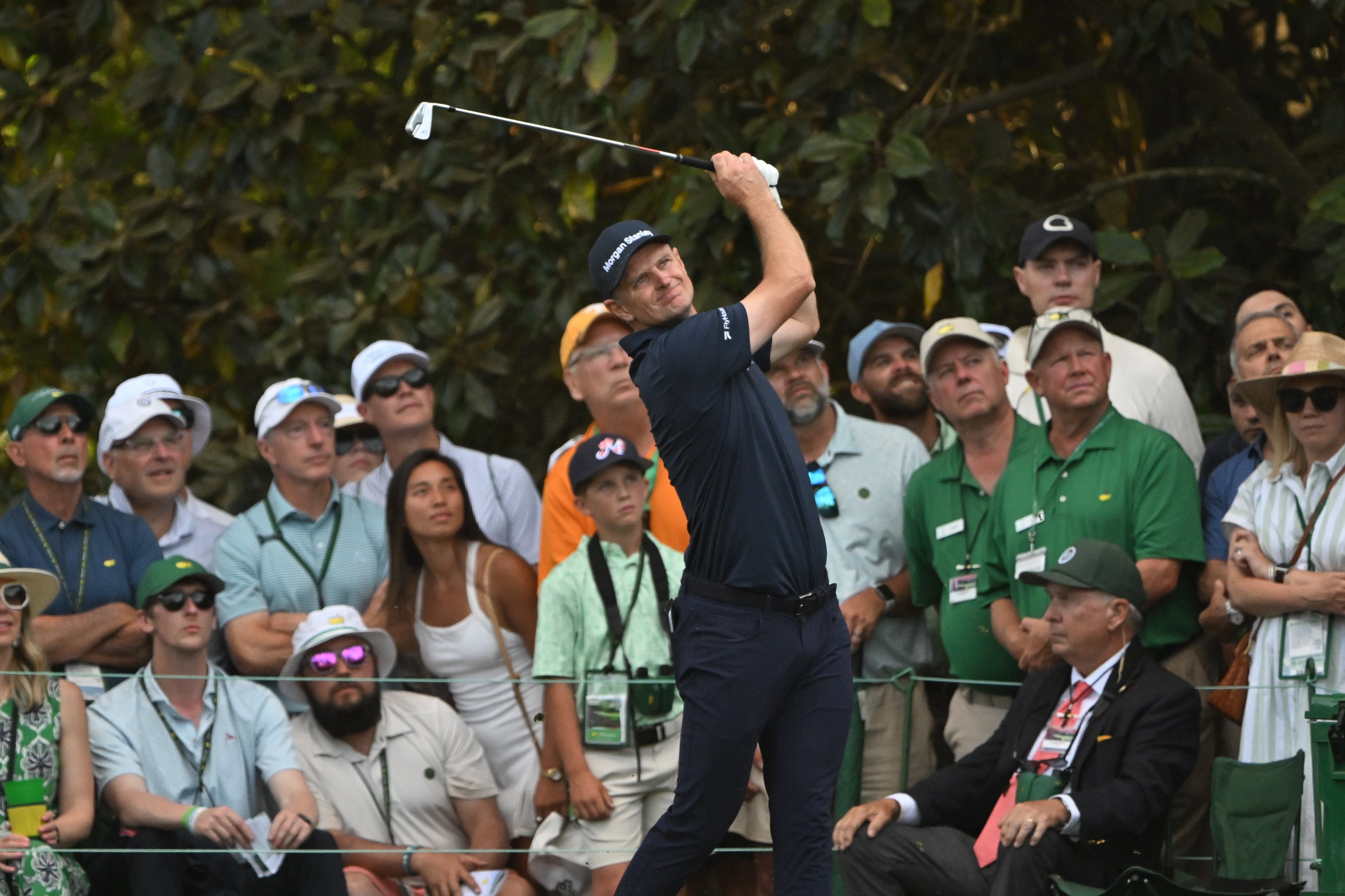 Justin Rose tees off on 16th hole during final round of the Masters, at Augusta National Golf Club, Sunday, April 12, 2026, in Augusta, GA (Hyosub Shin/AJC)