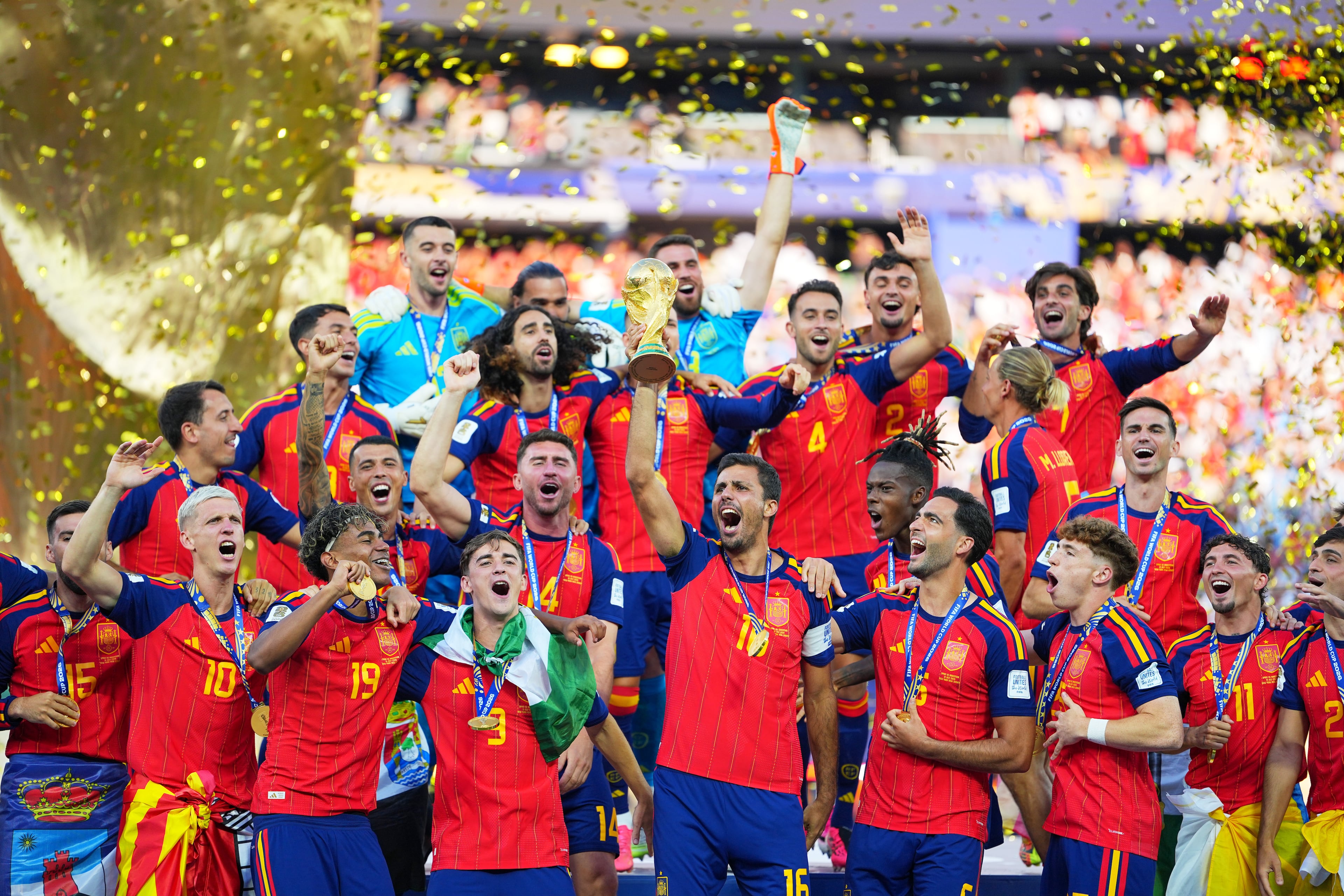 Spain celebrates with the trophy after the World Cup final soccer match between Spain and Argentina in East Rutherford, N.J., near New York, Sunday, July 19, 2026. (Julio Cortez/AP)