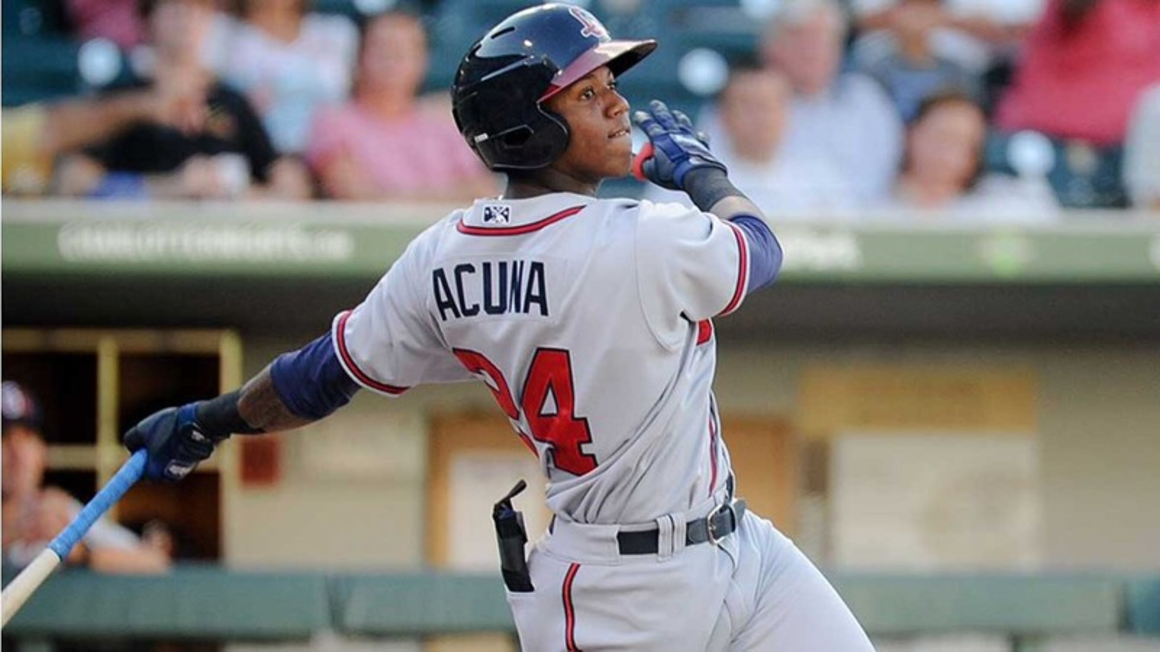 Acuna hit a home run last month for Gwinnett that had an exit velocity of 114 mph, higher than that of any homer hit by a Braves major leaguer this season. (Laura Wolff/Charlotte Knights)