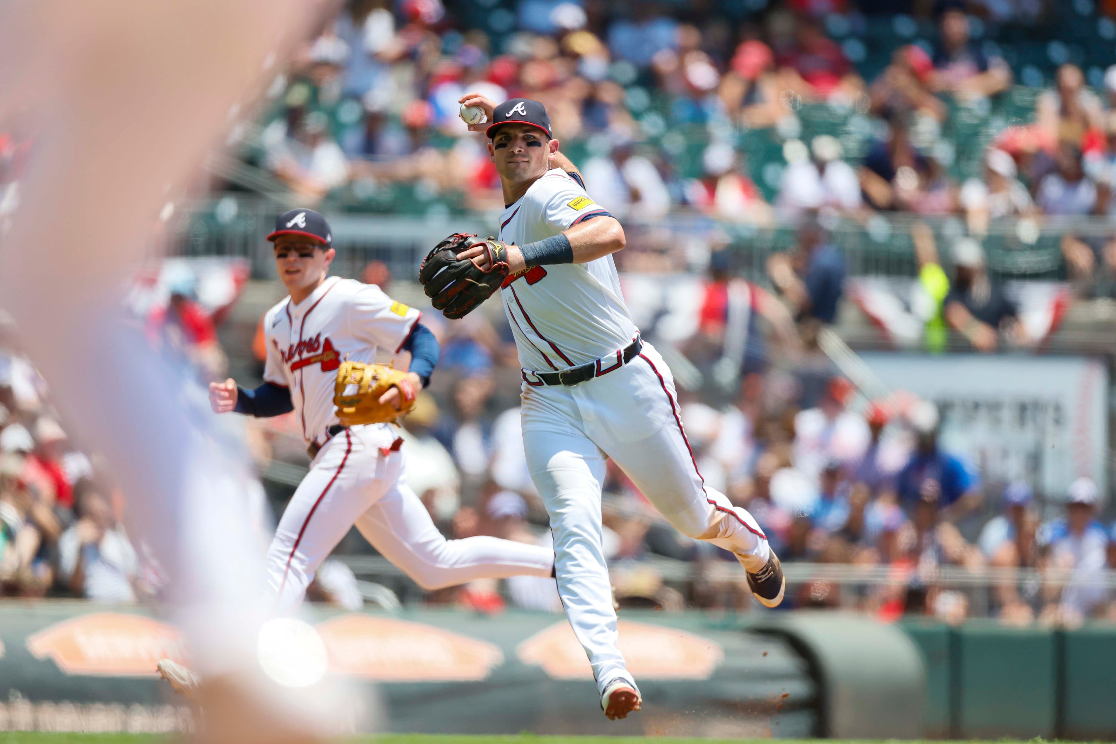 Atlanta Braves third base Austin Riley (27) prepares a throw during the seventh inning against the Baltimore Orioles at Truist Park on Sunday, July 6, 2025, in Atlanta.
(Miguel Martinez/ AJC)
