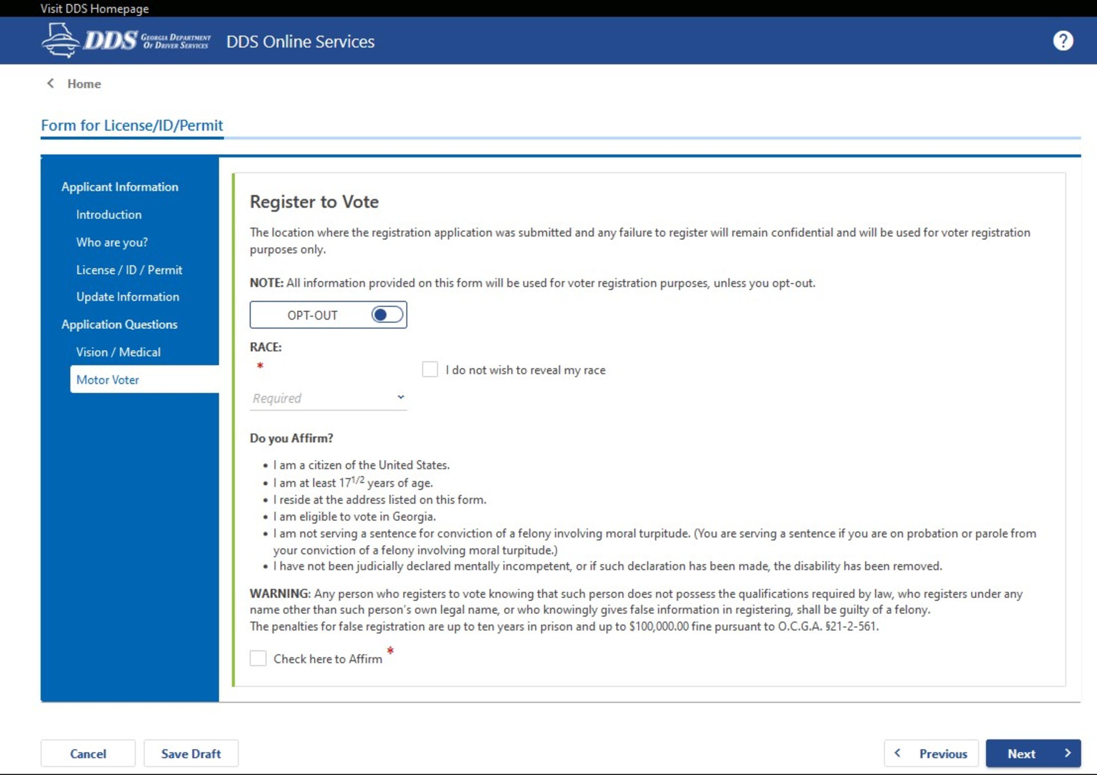 The current Georgia driver's license application form restores automatic voter registration by including a section that registers people to vote unless they opt-out.