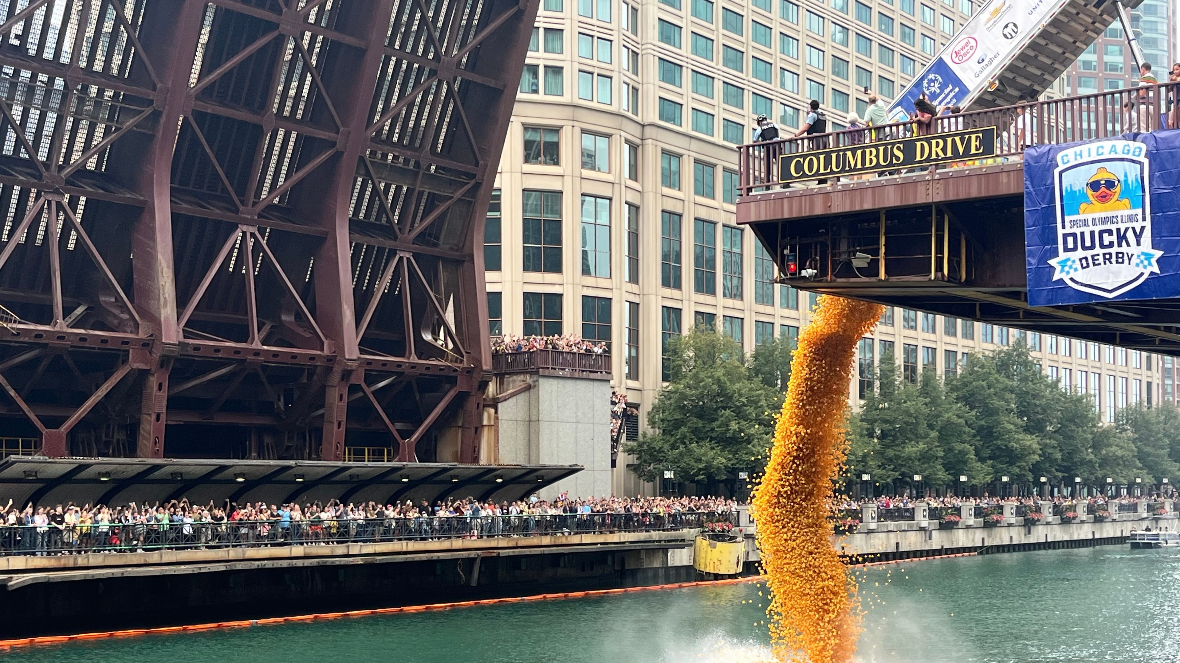 More than 90 thousand rubber ducks are dropped into the Chicago River as part of the annual Chicago Duck Derby for Special Olympics Illinois in Chicago, Thursday, Aug. 6, 2026. (AP Photo/Cybele Mayes-Osterman)