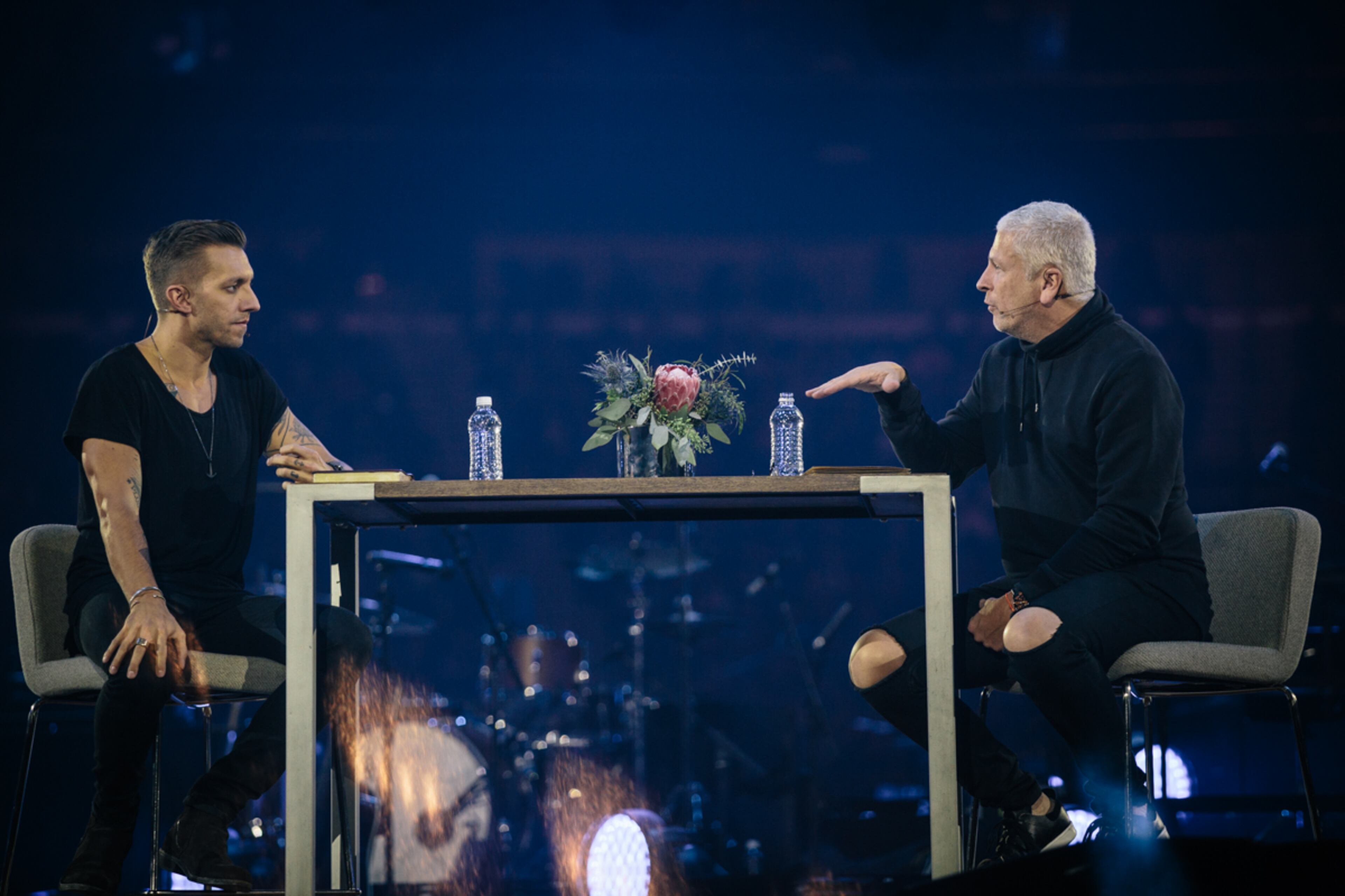 A panel discussion with pastor Levi Lusko (left) and pastor Louie Giglio at the Infinite Energy Center during Passion 2016, which took place Jan. 2-4 in two locations in metro Atlanta and in Houston. Photo: Karli Myers