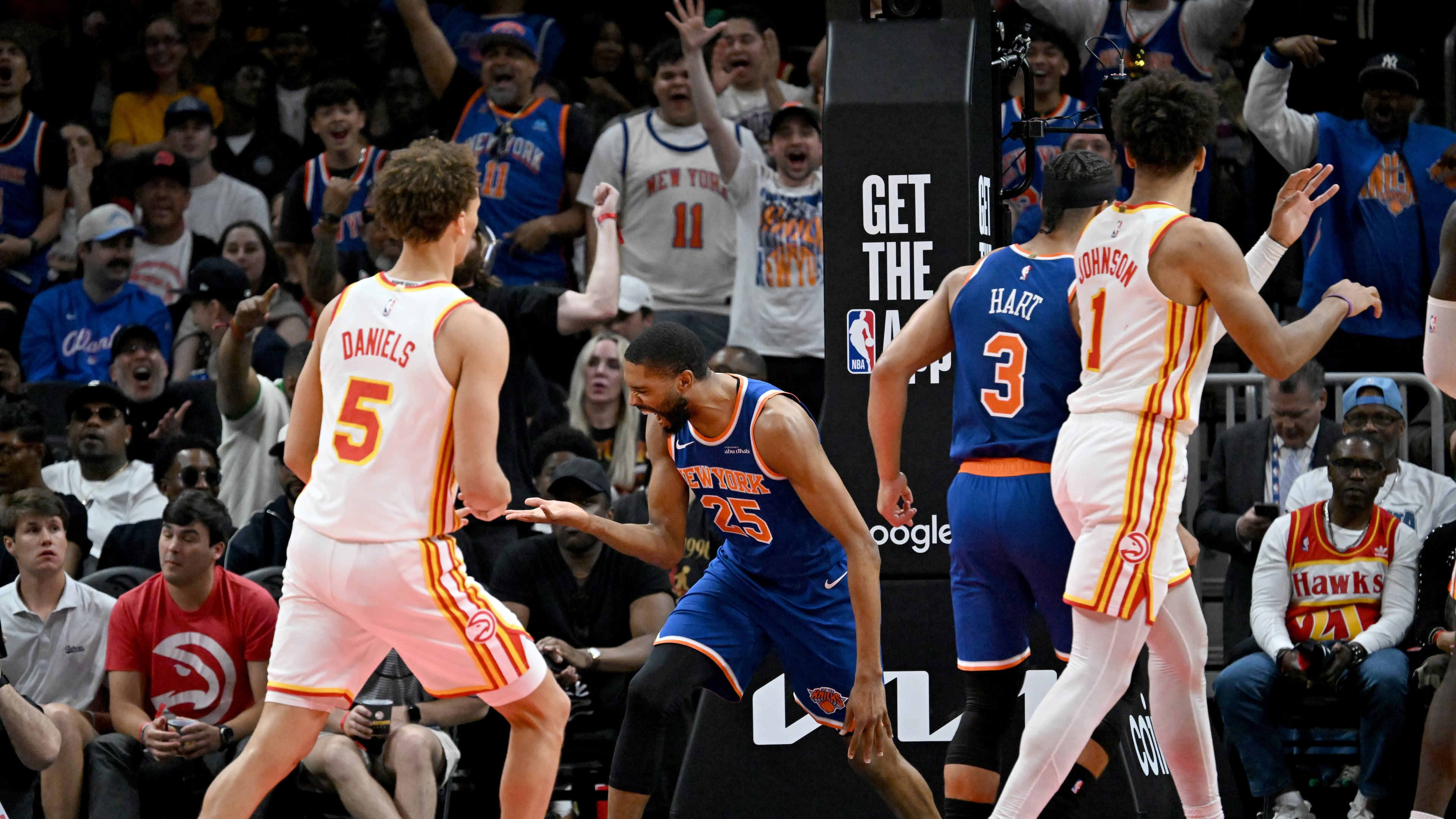New York Knicks guard/forward Mikal Bridges reacts after dunking the ball during the first half of Game 6 of a first-round NBA playoff series at State Farm Arena on Thursday, April 30, 2026, in Atlanta. (Hyosub Shin/AJC)