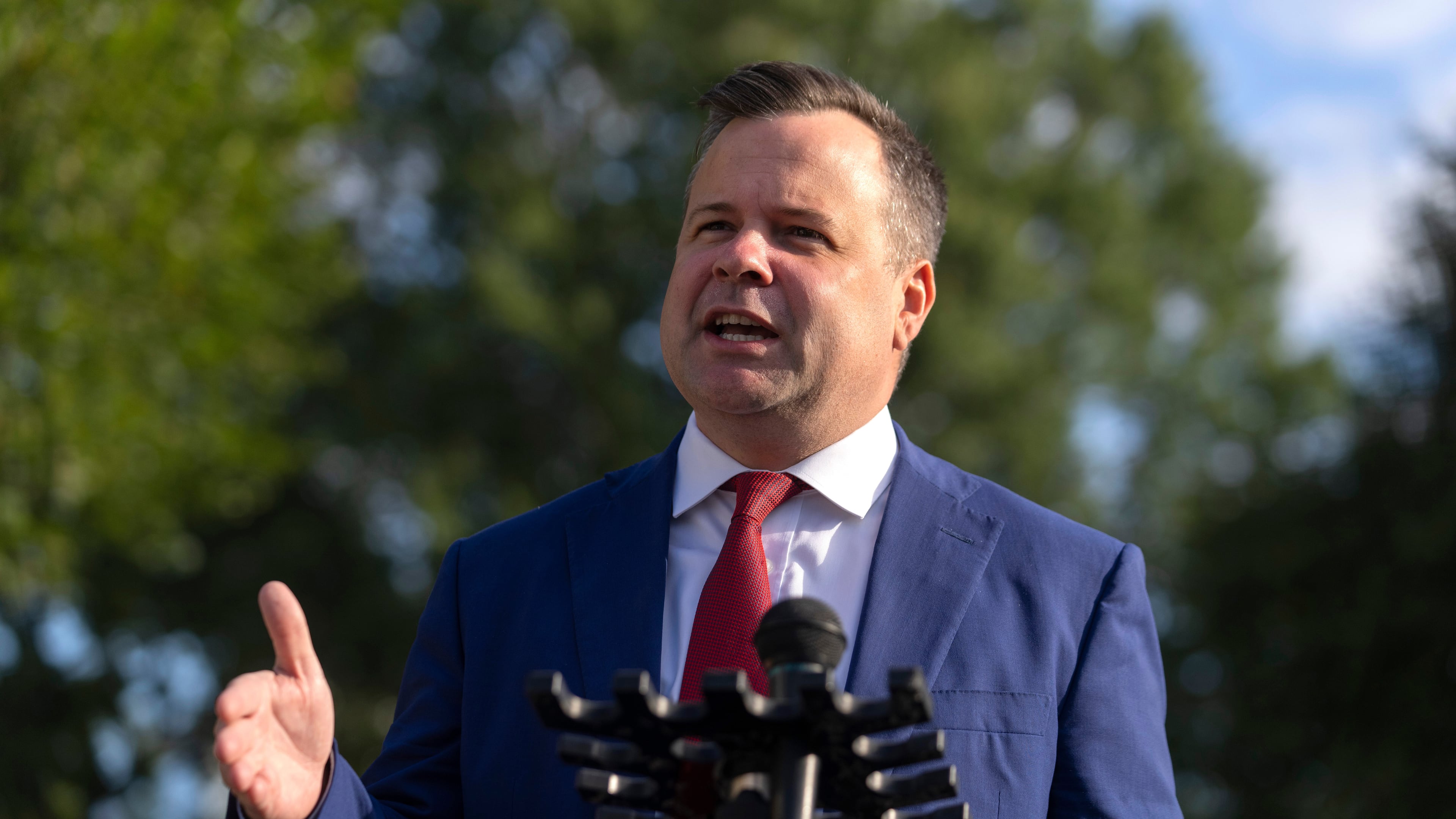 FILE - Director of the Federal Housing Finance Agency Bill Pulte speaks with reporters at the White House, Sept. 2, 2025, in Washington. (AP Photo/Mark Schiefelbein, File)