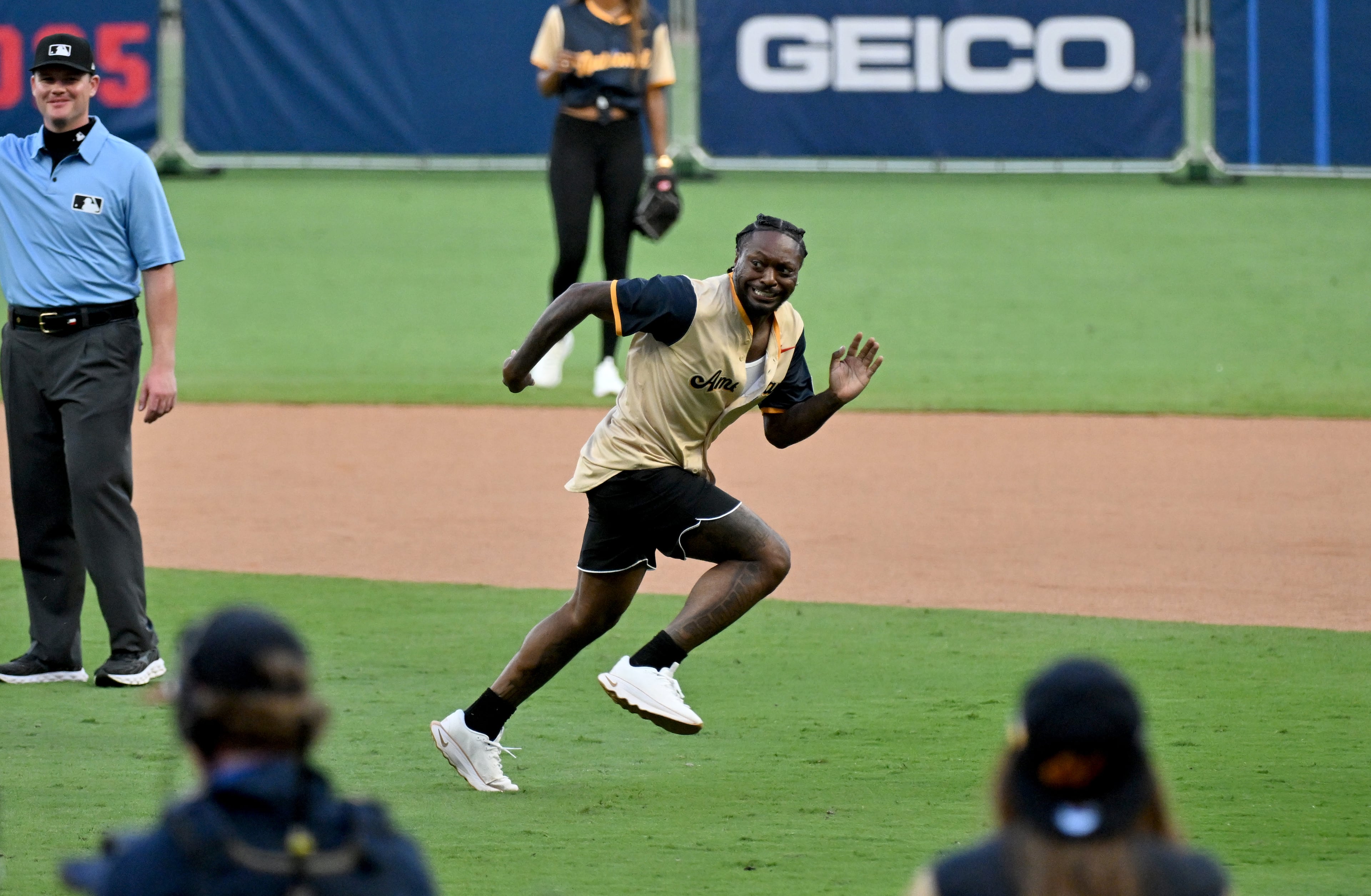 American League’s Funny Marco, Comedian and Social Media personality, hustles in a run down during the MLB All-Star Celebrity Softball Game at Truist Park, Saturday, July 12, 2025, in Atlanta. (Hyosub Shin / AJC)